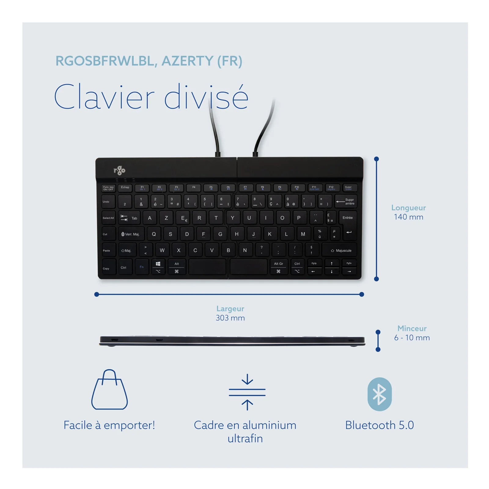 Fiche produit R-Go RGOSBFRWLBL AZERTY avec dimensions et spécification Bluetooth 5.0