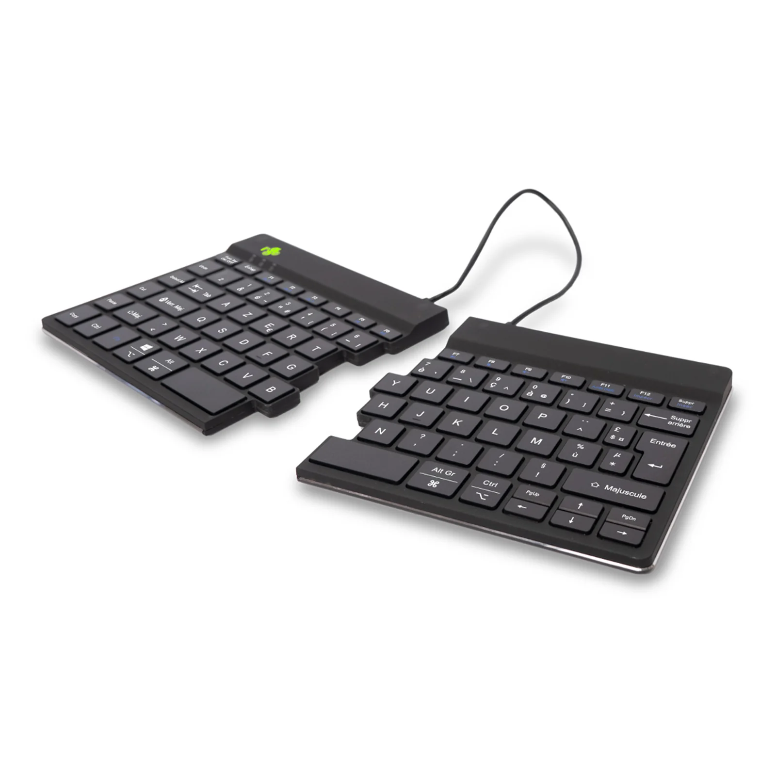 R-Go Split Break AZERTY, vue inclinée, deux moitiés séparées, câble central, fond clair