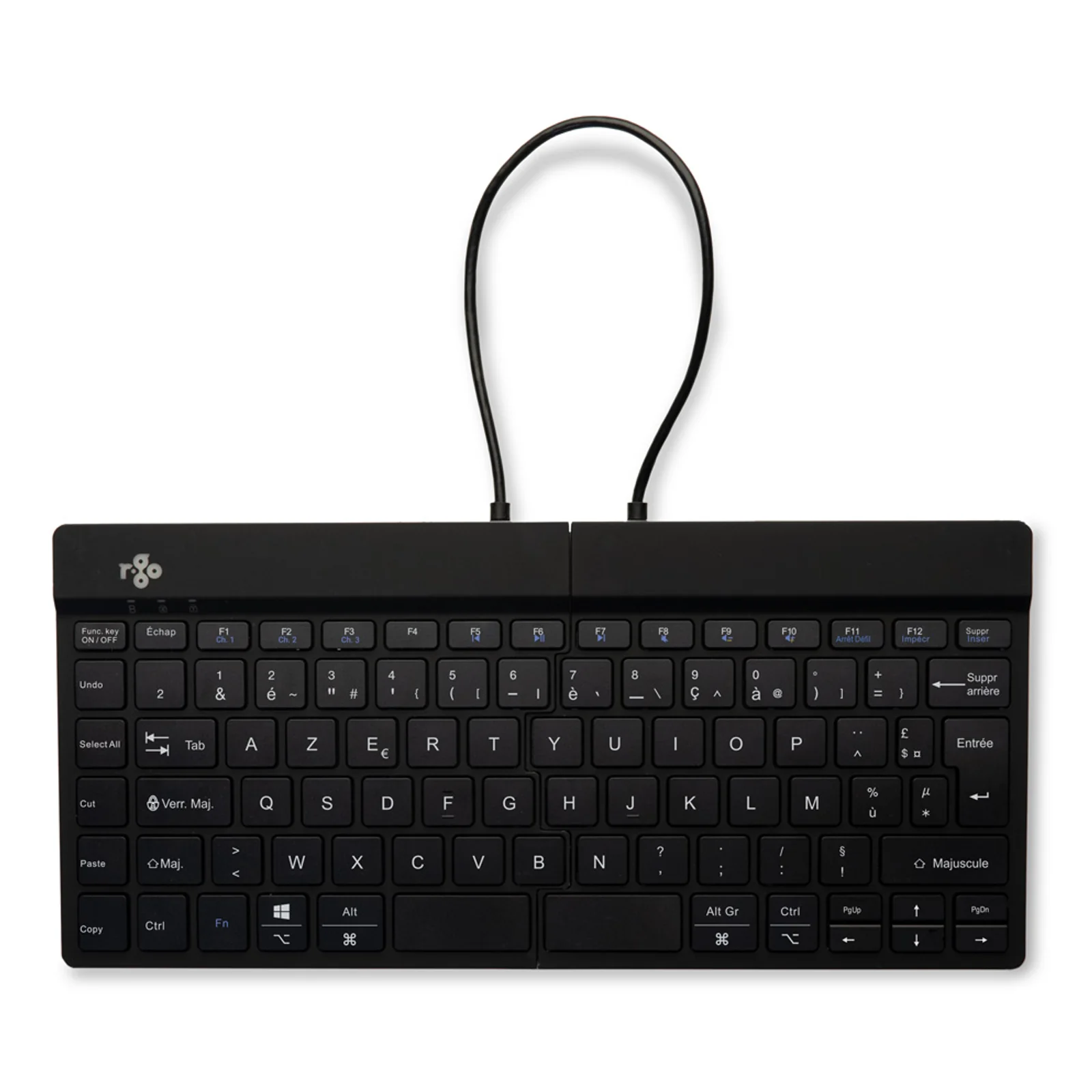 R-Go Split Break replié en mode compact, câble enroulé visible, fond blanc