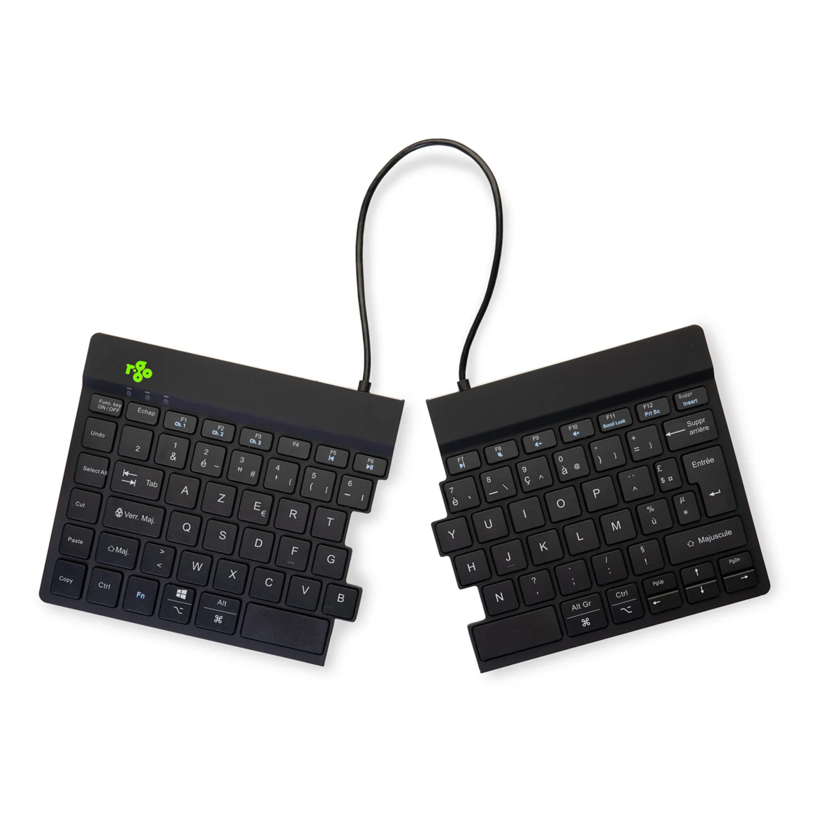 R-Go Split Break AZERTY ouvert sans mains, fond sombre, touches bien visibles