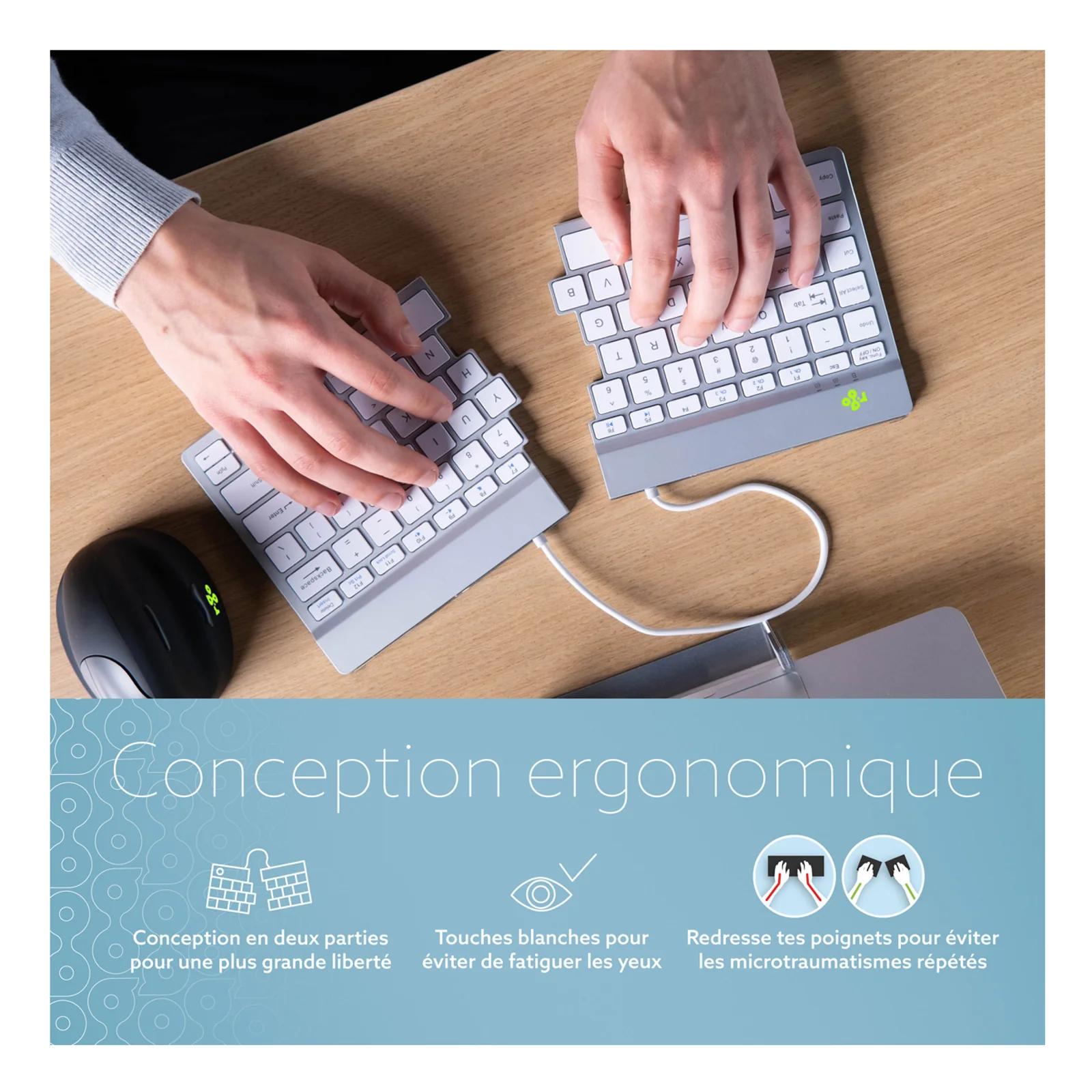 Infographie ergonomie clavier R-Go Split Break avec icônes conception, fond bleu