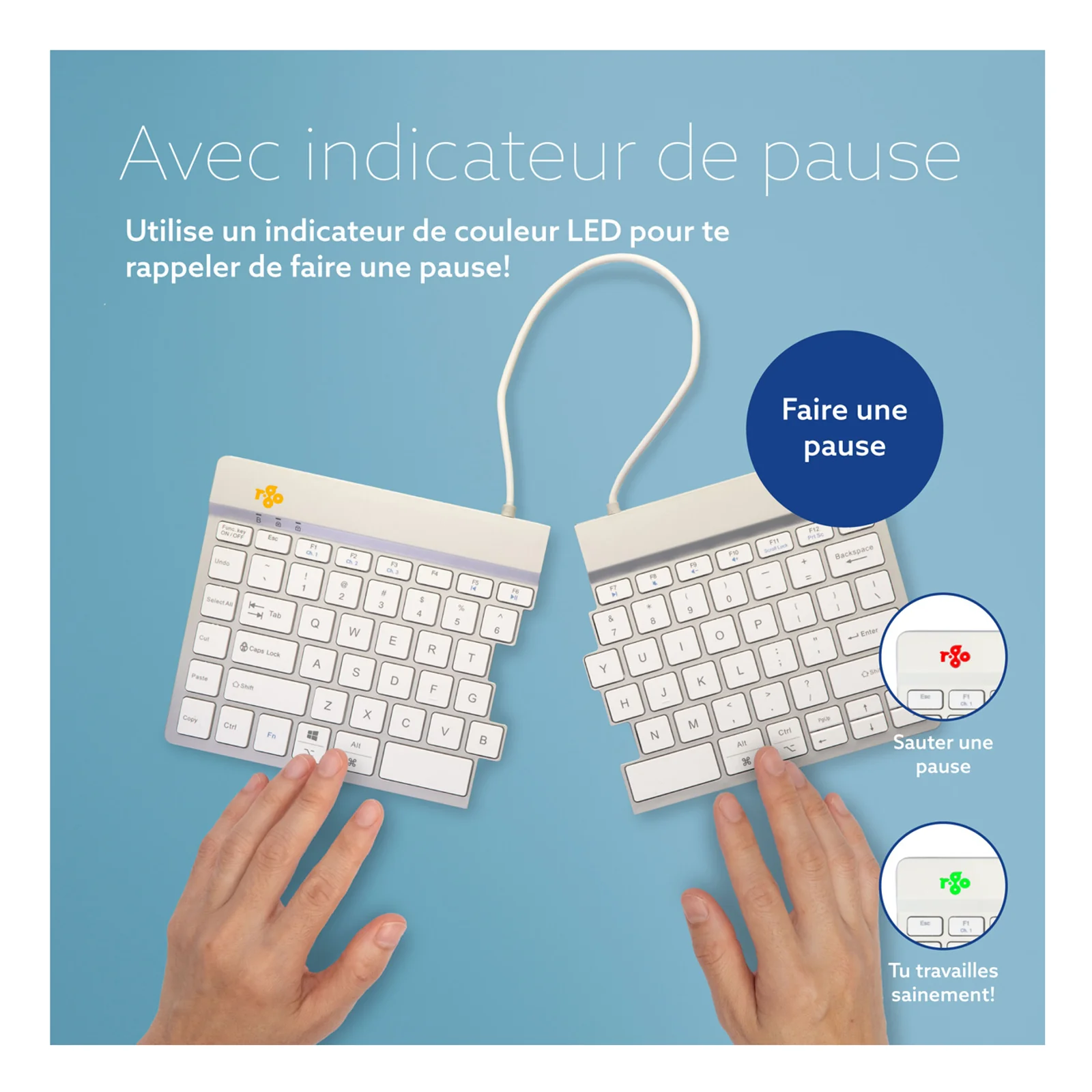 Infographie indicateur de pause LED vert orange rouge, clavier R-Go Split Break, fond bleu
