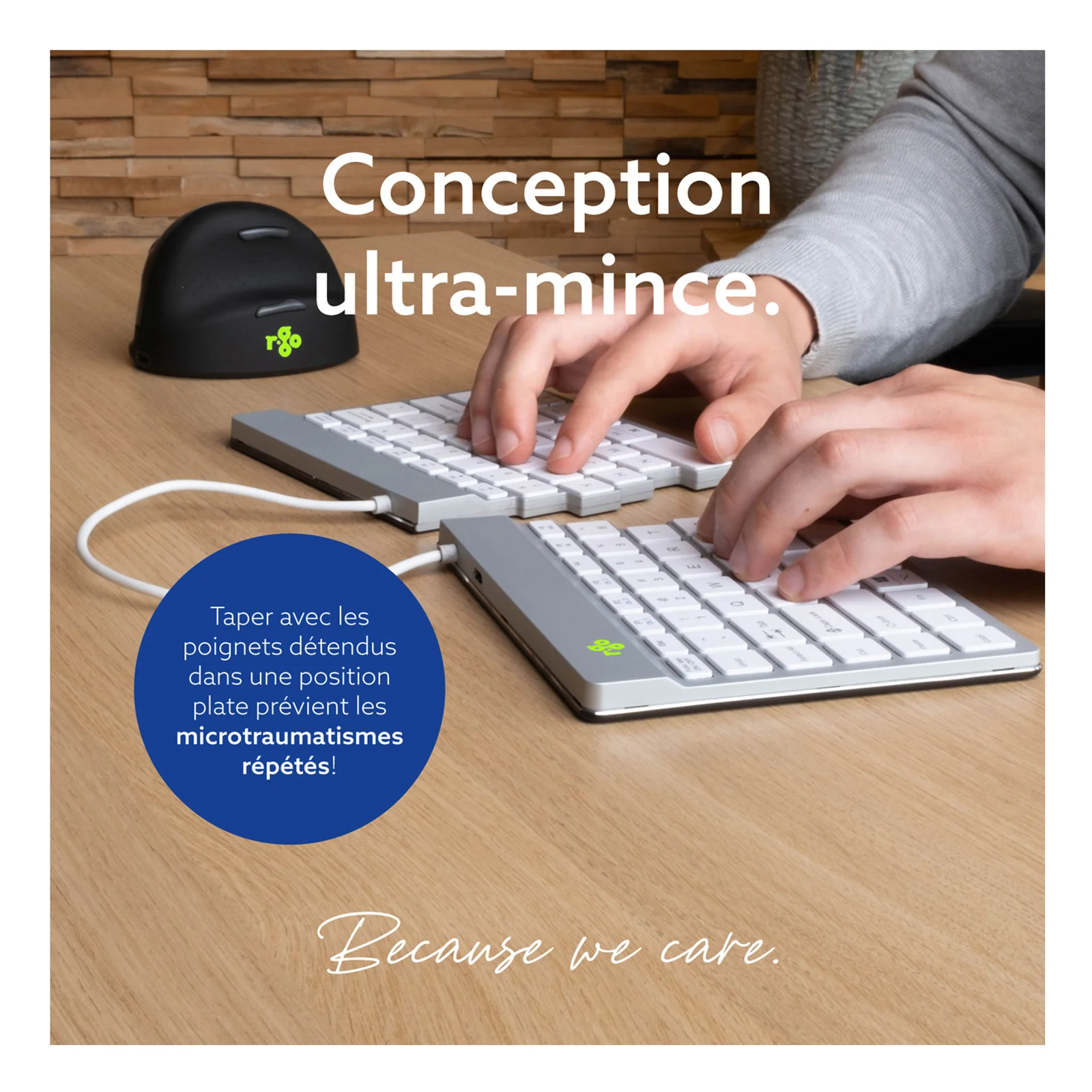 Infographie conception ultrafine clavier R-Go Split Break, main en frappe, fond bleu