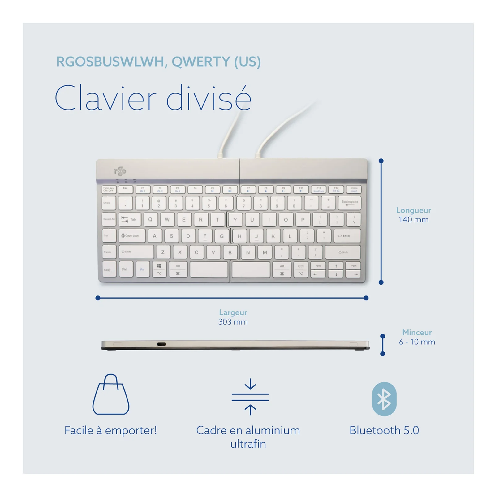 Schéma dimensions clavier R-Go Split Break QWERTY avec mention Bluetooth 5.0, fond blanc