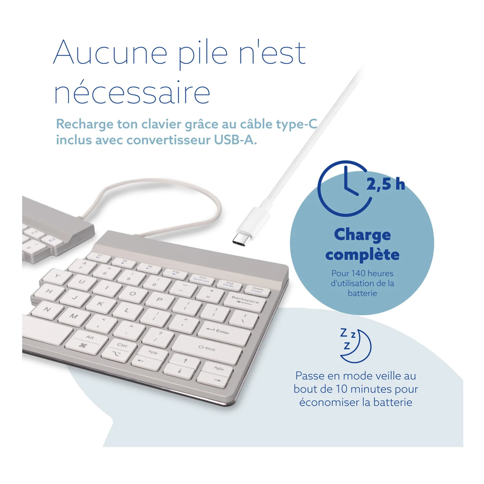 Infographie recharge USB-C clavier R-Go Split Break avec durée de charge 2h30, fond blanc