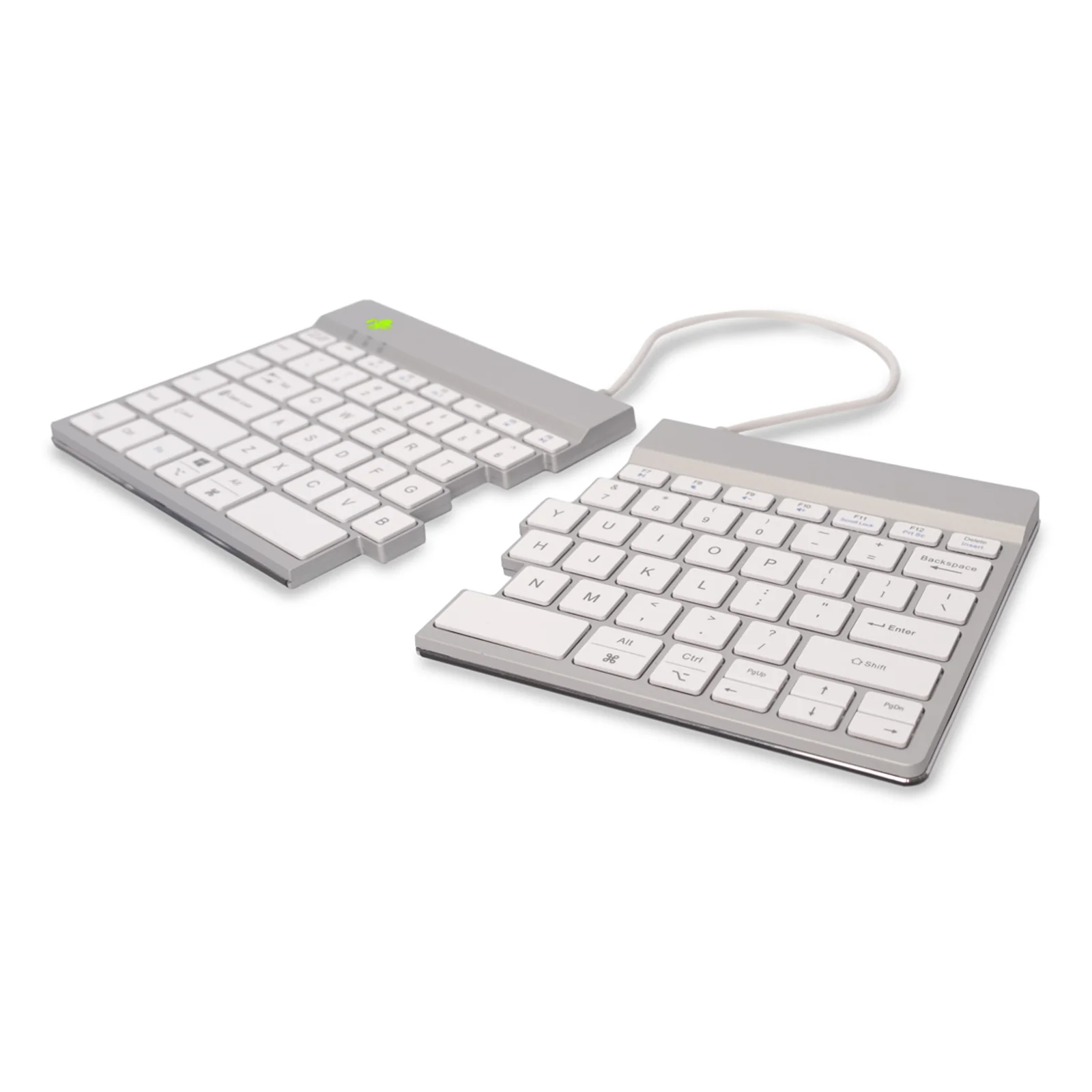 Vue de face du clavier R-Go Split Break divisé, deux parties et câble blanc, fond bleu
