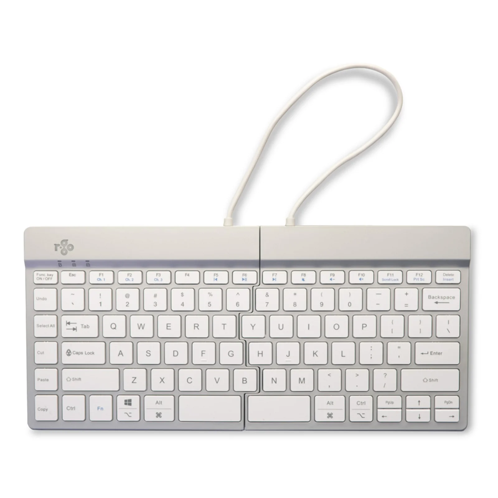 Clavier R-Go Split Break replié en position compacte, châssis blanc, vue de face, fond bleu