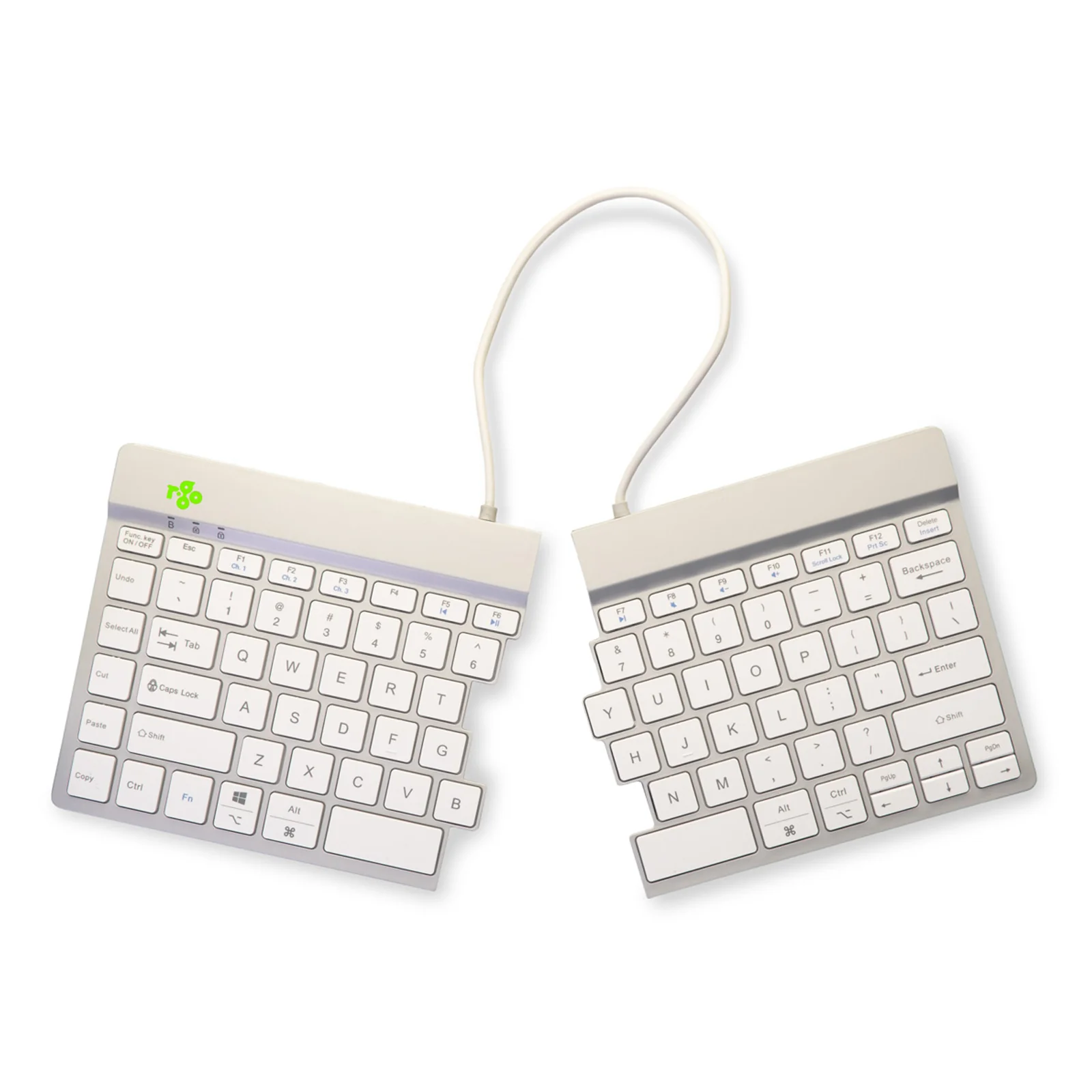 Deux moitiés du clavier R-Go Split Break séparées, câble blanc formant une anse, fond blanc