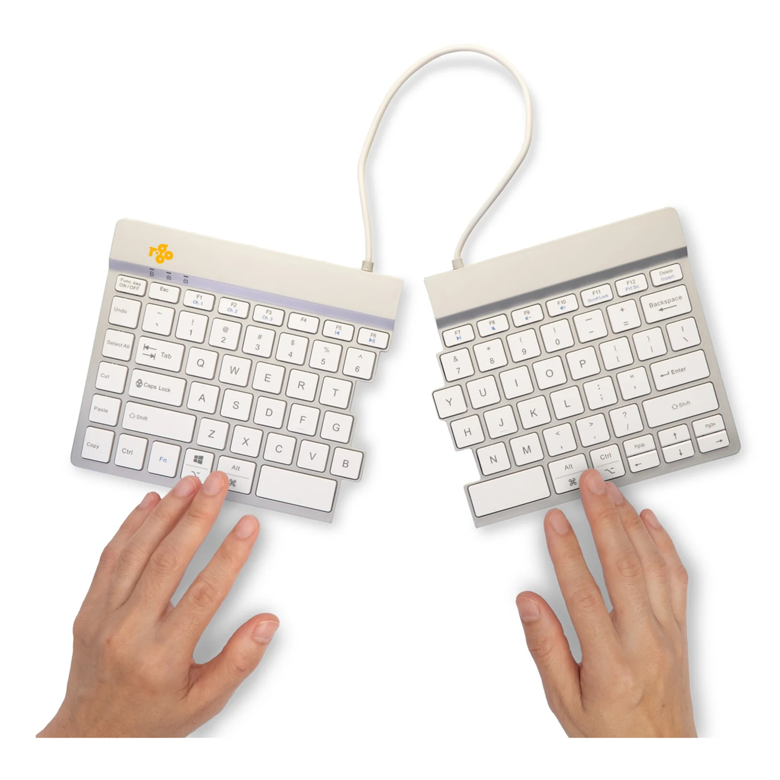 Vue plongeante, mains sur le clavier ergonomique R-Go Split Break ouvert, fond blanc