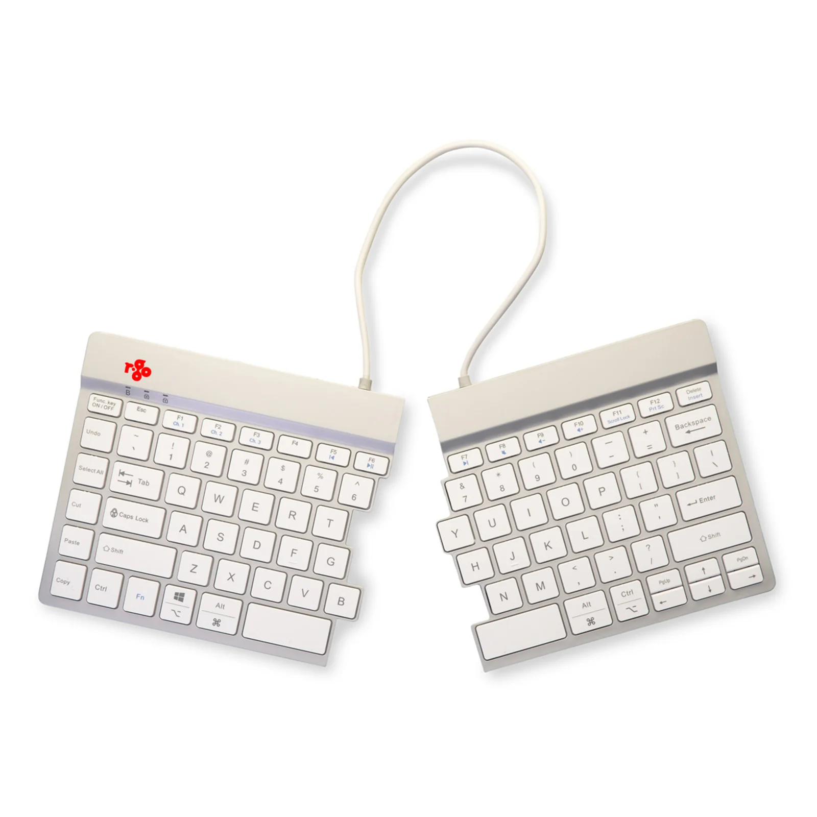 Clavier R-Go Split Break avec indicateur LED rouge allumé sur touche de pause, fond blanc