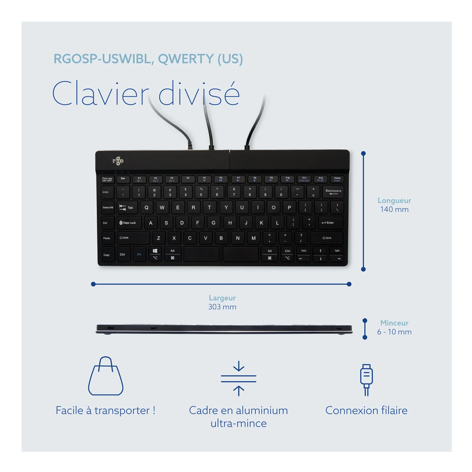 Fiche dimensions R-Go Split Break, référence RGOSP-USWIBL, QWERTY US, châssis aluminium
