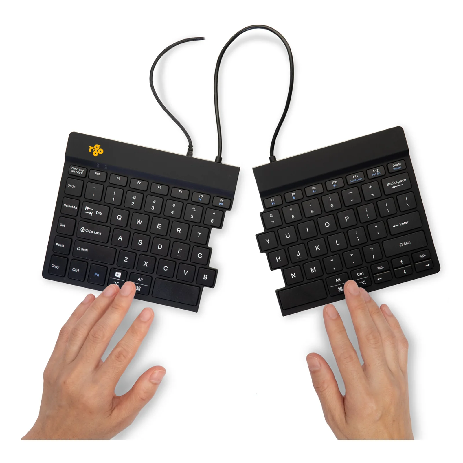 Mains posées sur le clavier divisé R-Go Split Break, position ergonomique, vue dessus