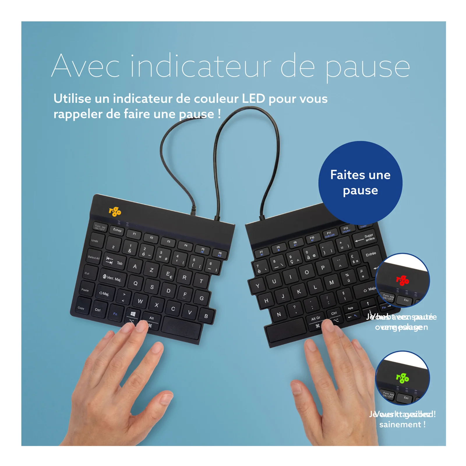 Infographie française présentant l'indicateur LED de pause avec code couleur vert, orange et rouge
