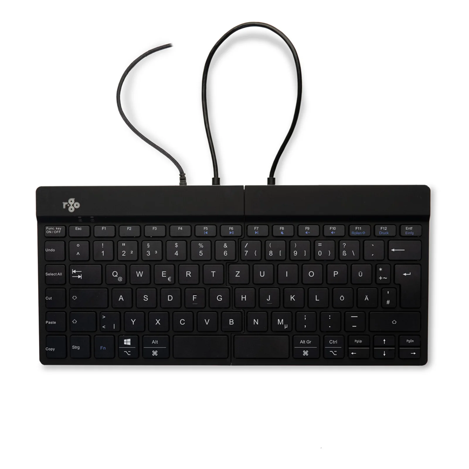 Clavier R-Go Split Break v2 noir en configuration compacte, demi-claviers assemblés, câble USB noir, fond bleu