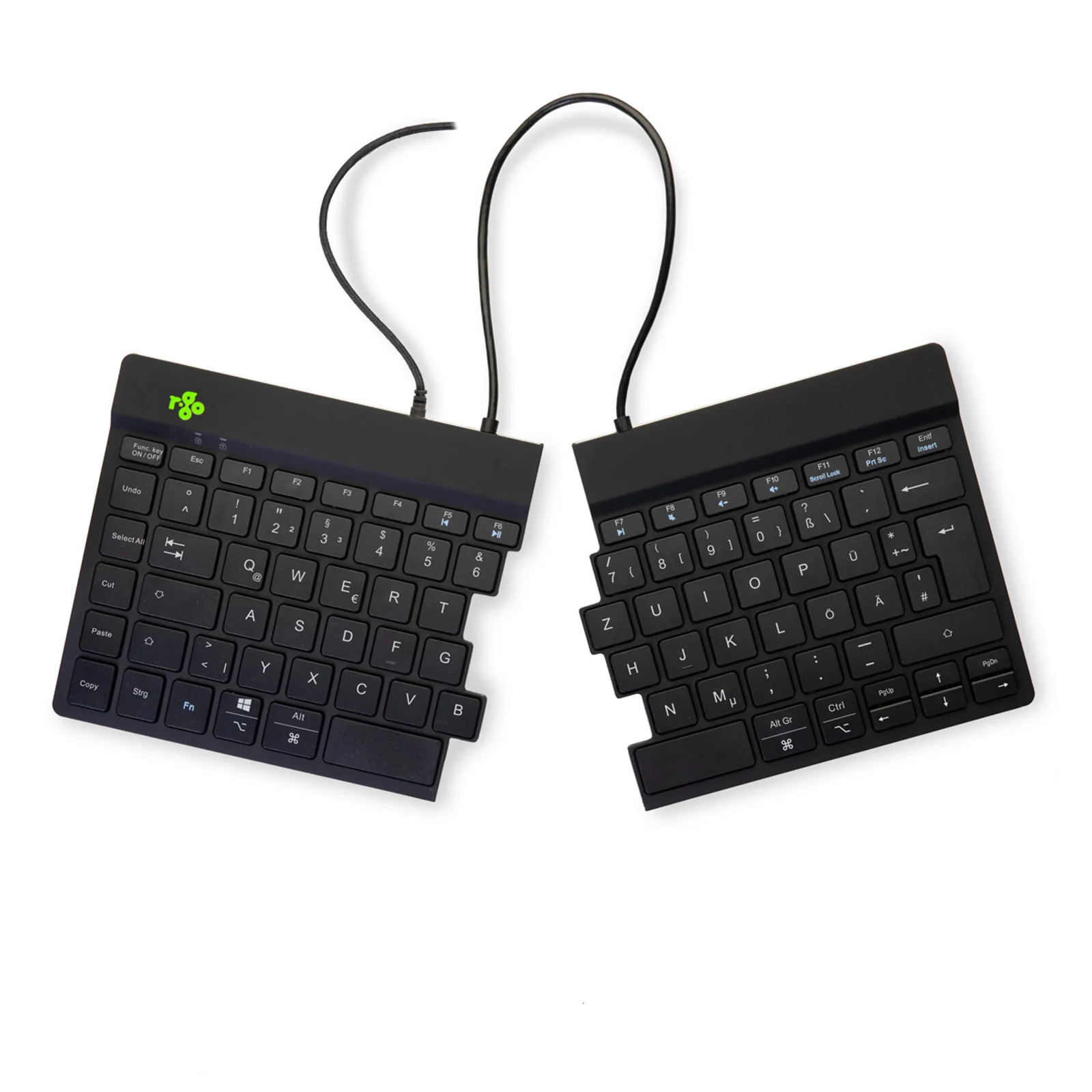 Vue de dessus du clavier R-Go Split Break v2 noir, deux moitiés séparées côte à côte, fond blanc