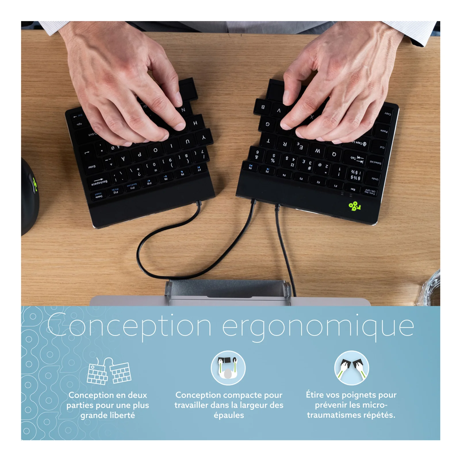 Infographie bleue du clavier R-Go Split Break, présentation de la conception ergonomique en deux parties
