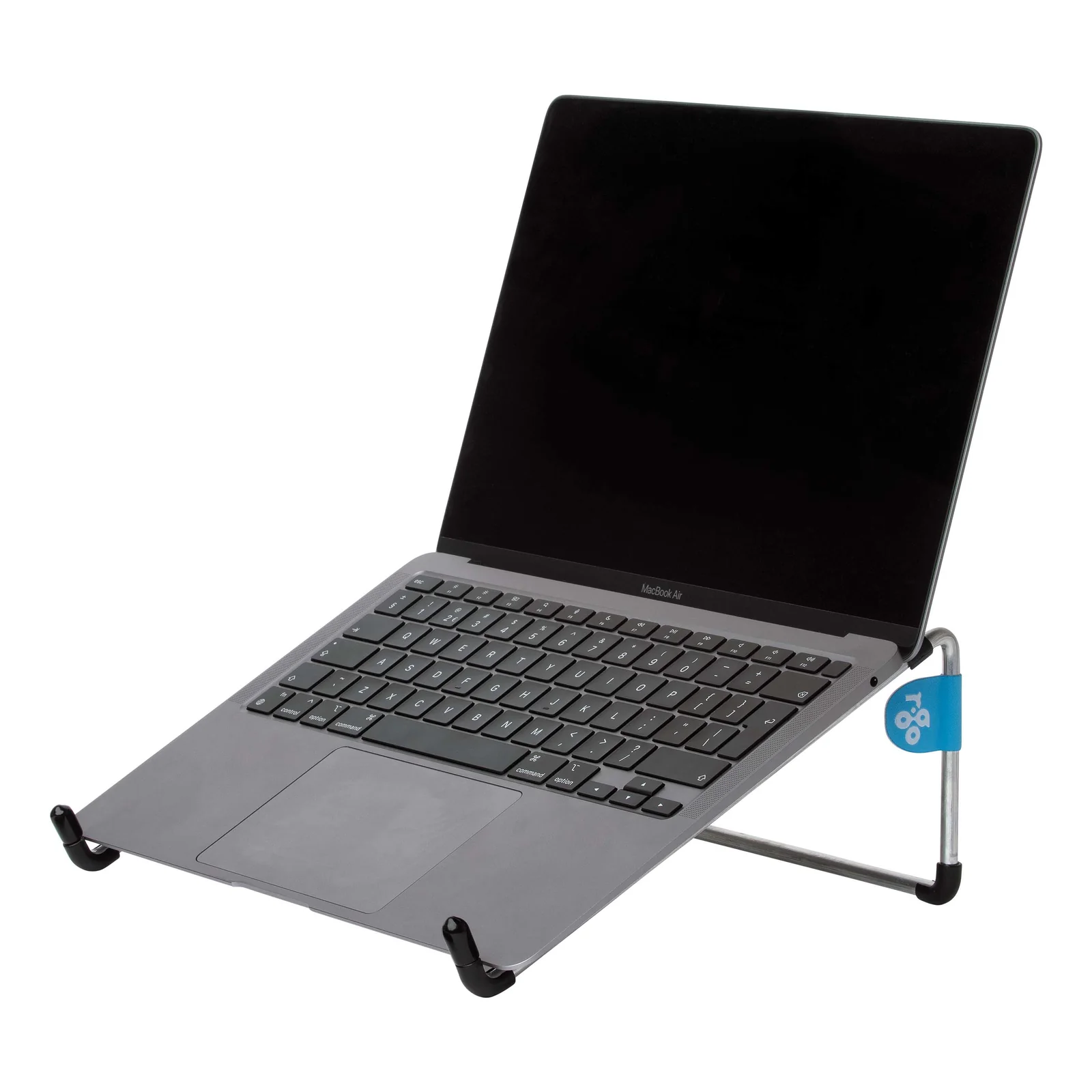 Support R-Go Steel Basic avec ordinateur portable posé dessus, vue de trois quarts