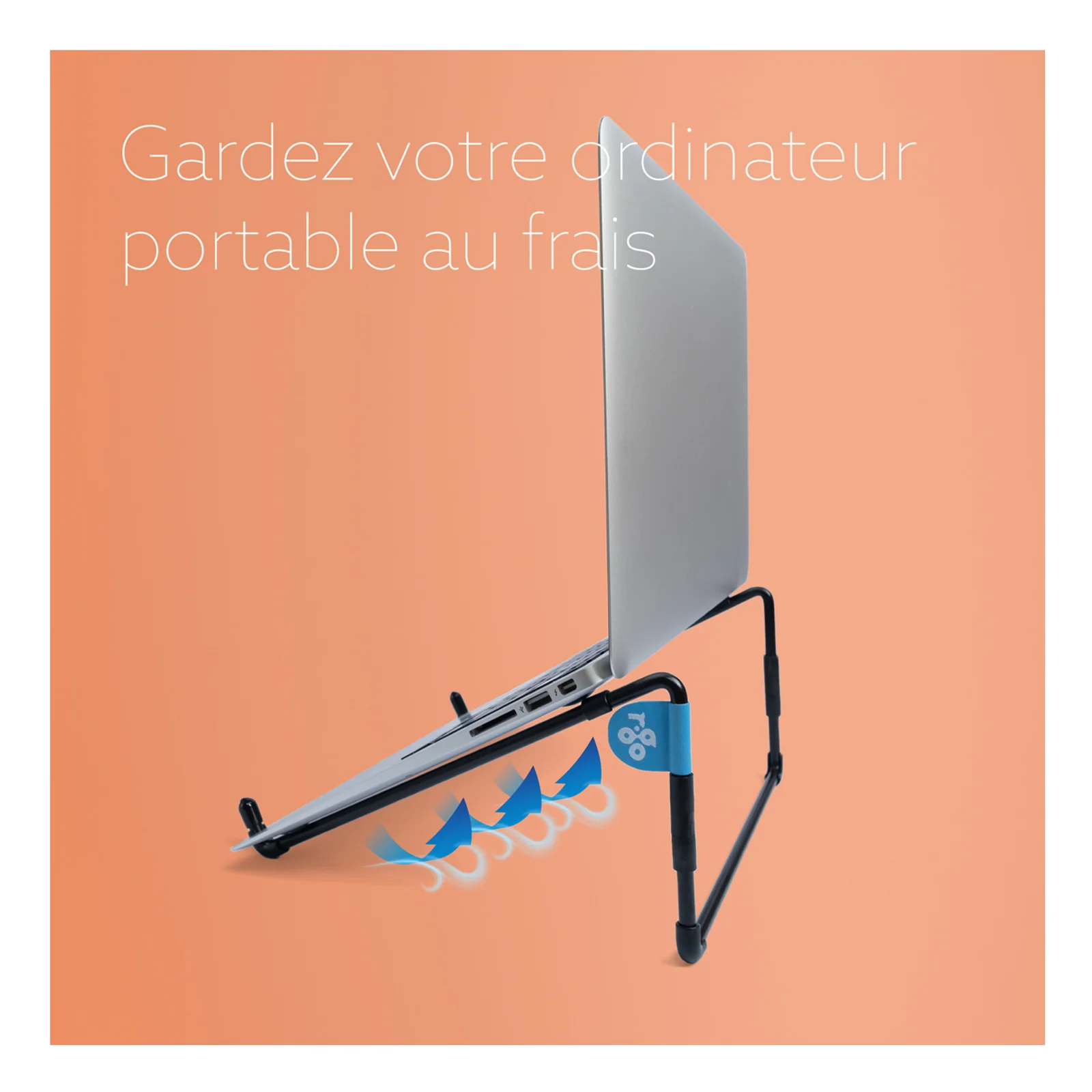 Laptop sur support R-Go Steel Travel avec flèches bleues illustrant la ventilation