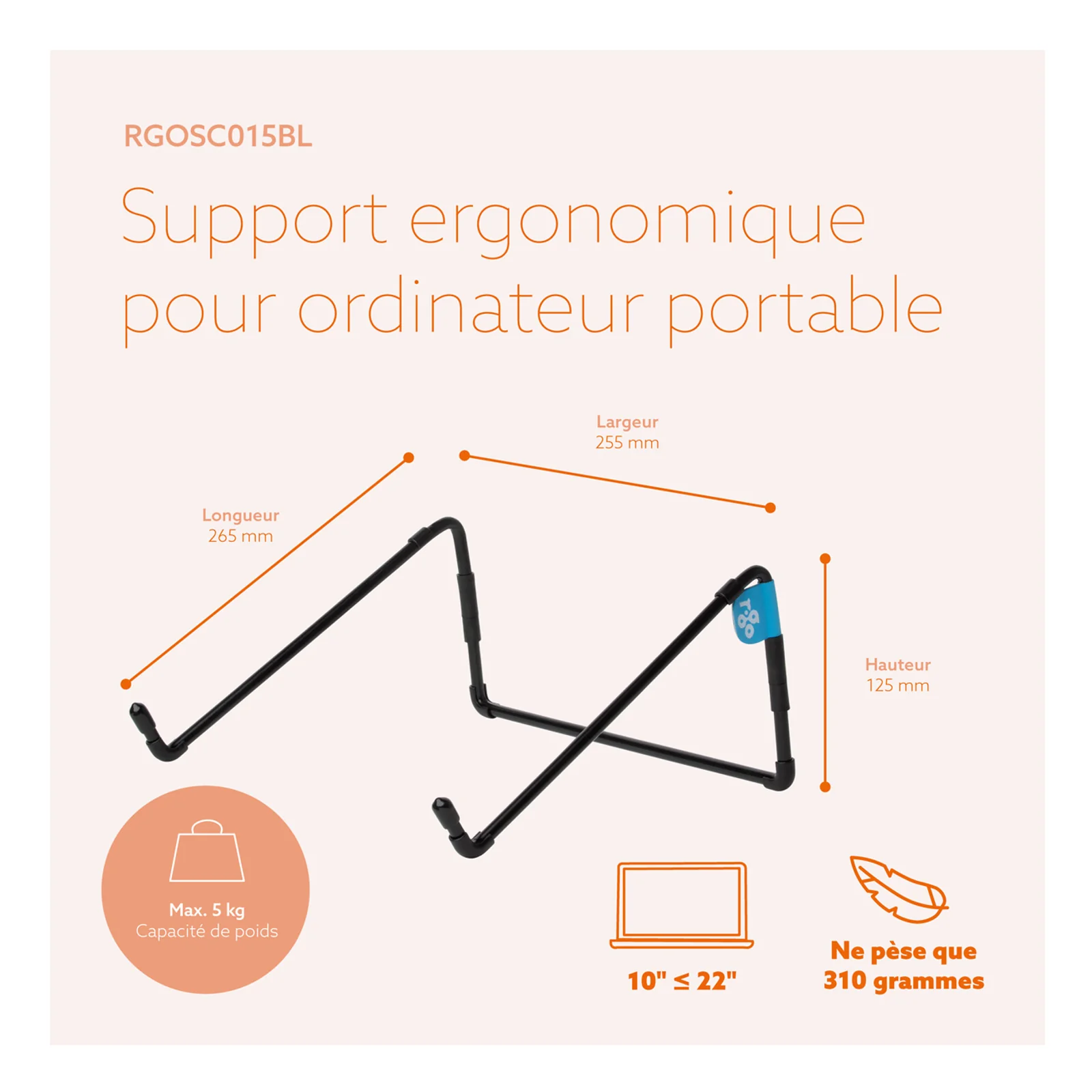 Schéma technique Steel Travel avec compatibilité 10 à 22 pouces et mention poids 310 grammes