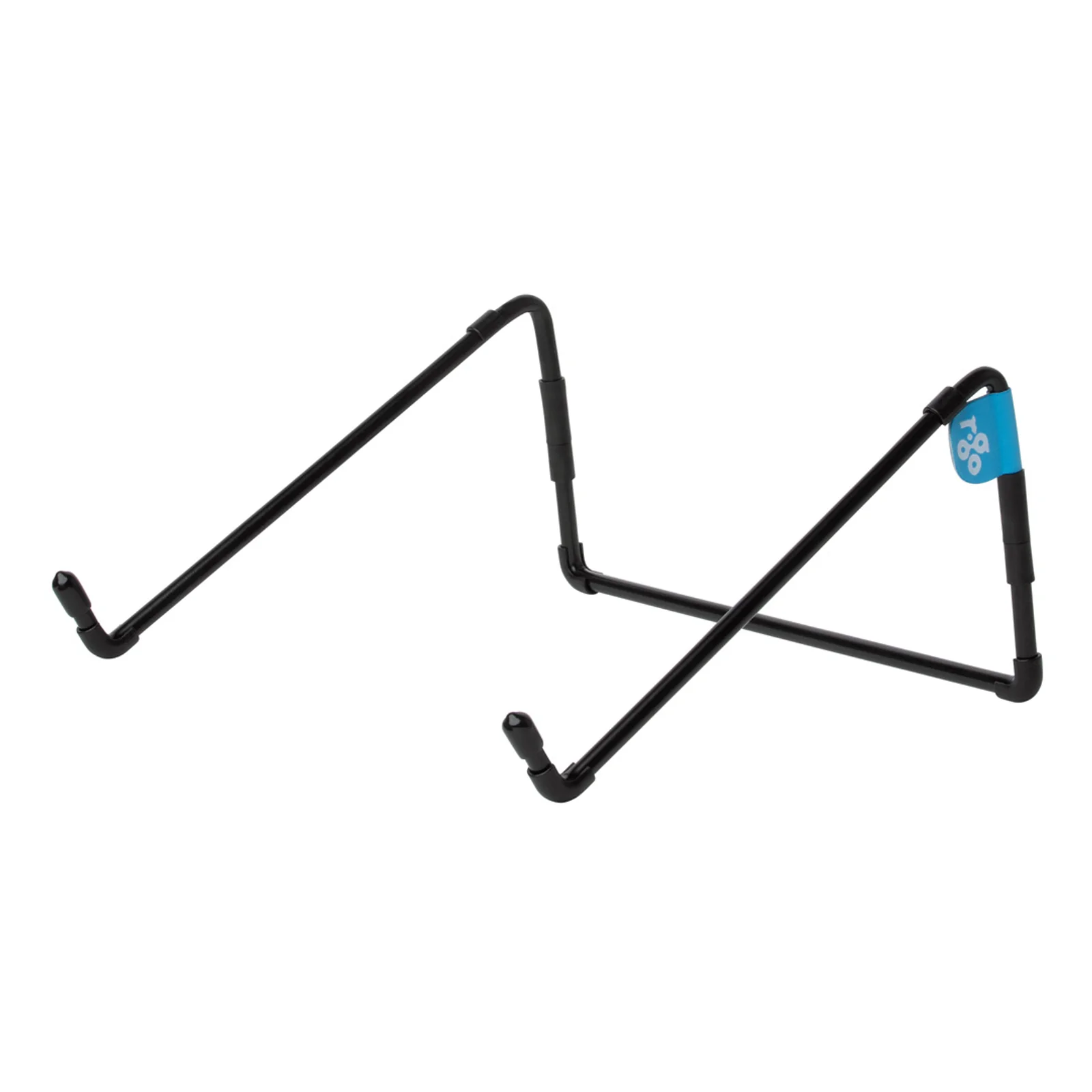Support R-Go Steel Travel déplié posé au sol, fil d'acier noir et clip bleu, fond blanc