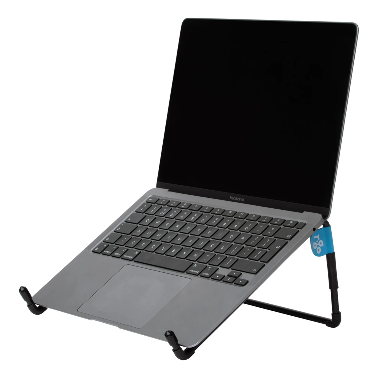 Laptop ouvert sur support R-Go Steel Travel noir, vue trois quarts avant, fond orange