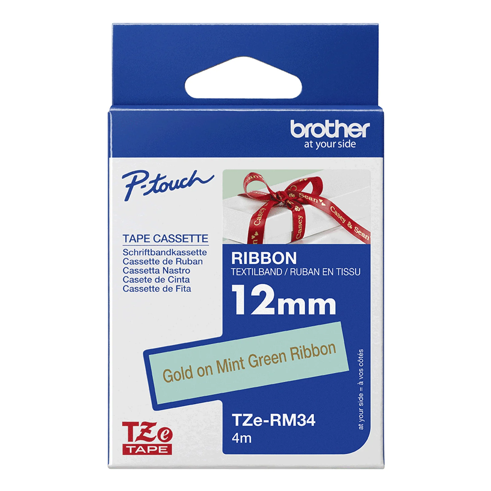 Boîte Brother P-touch bleue de la cassette de ruban TZe-RM34 12 mm Gold on Mint Green Ribbon longueur 4 m