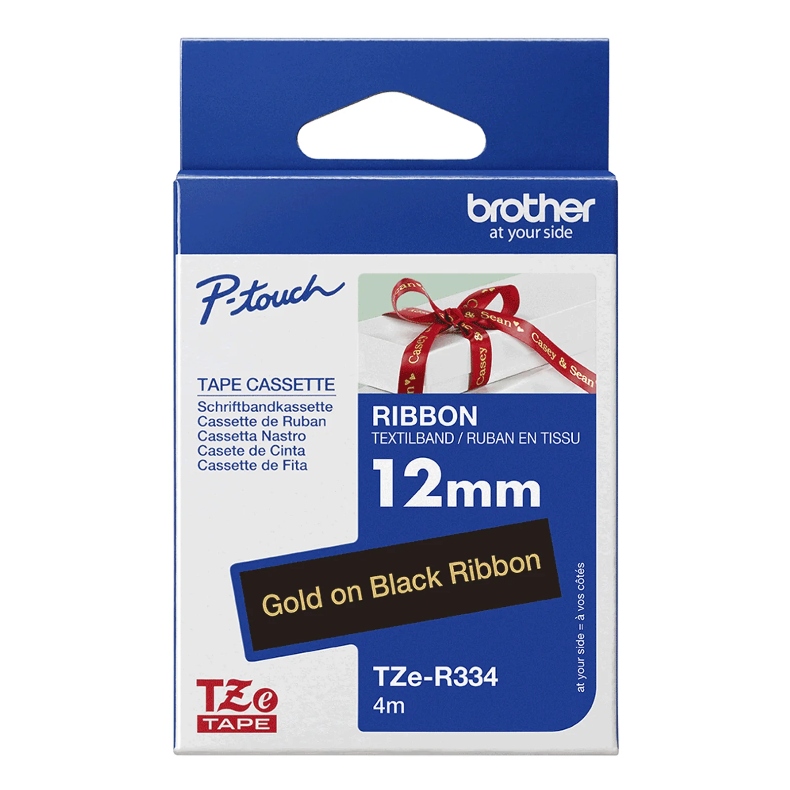 Boîte cassette Brother TZe-R334 P-touch bleue indiquant ruban tissu 12 mm or sur noir longueur 4 mètres