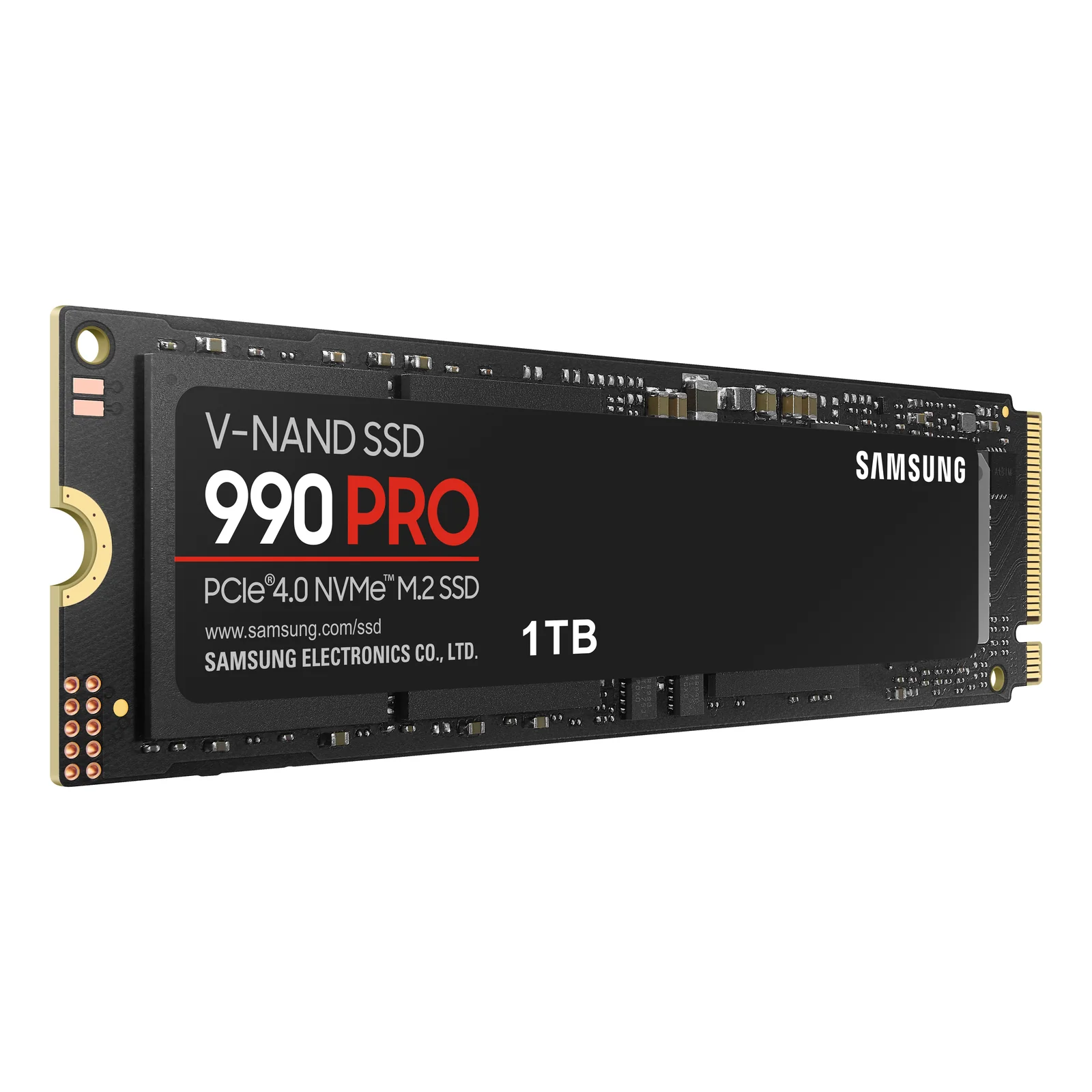 SSD Samsung 990 PRO 1 To vu de trois quarts gauche, étiquette 990 PRO et mention 1TB visible sous angle incliné