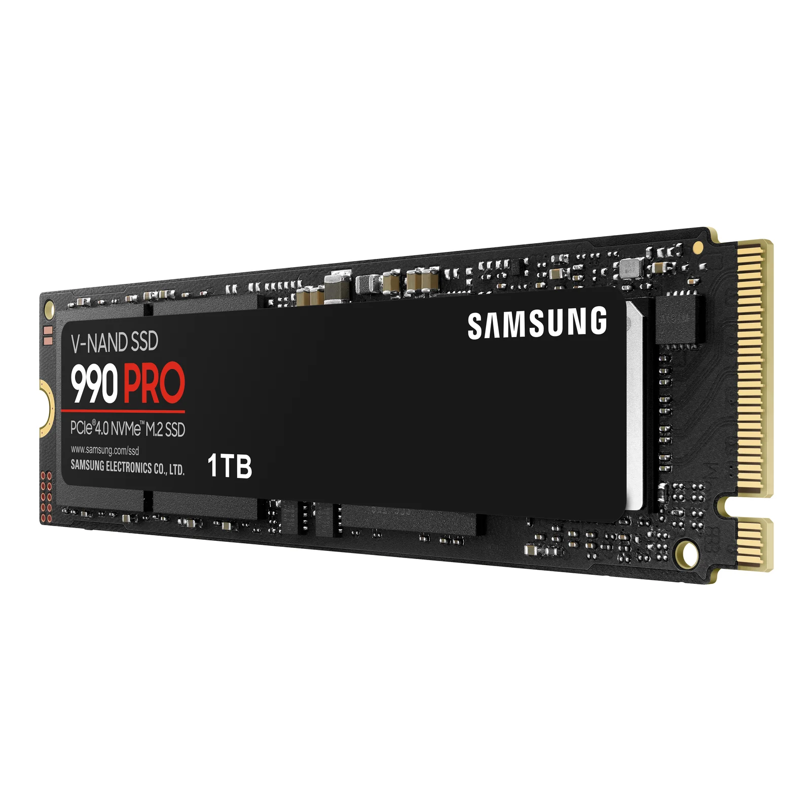 SSD Samsung 990 PRO 1 To vu de trois quarts droit, connecteur PCIe doré visible à l'extrémité droite
