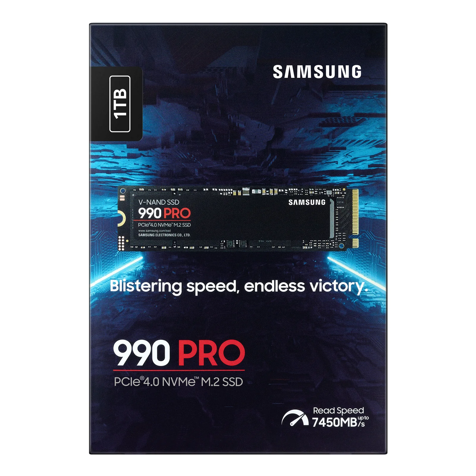 Boîte Samsung 990 PRO 1 To face avant bleue avec SSD, slogan Blistering speed endless victory et badge vitesse 7450 Mo/s