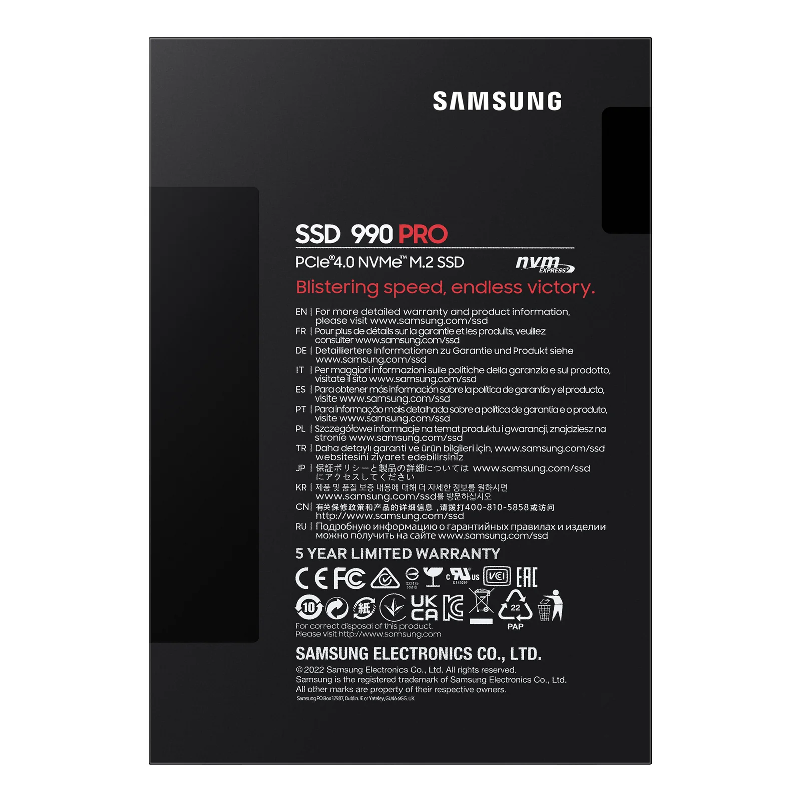 Dos de la boîte Samsung 990 PRO 1 To avec garantie 5 ans limitée inscrite en plusieurs langues