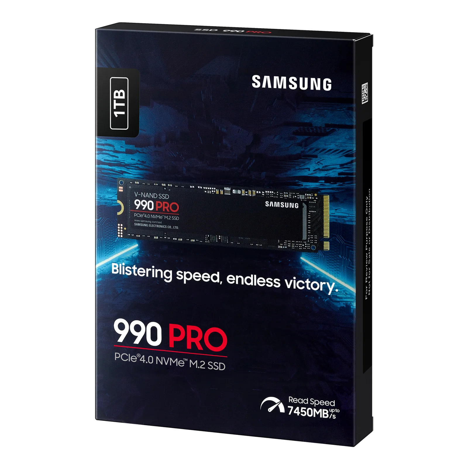 Boîte Samsung 990 PRO 1 To vue de trois quarts avec badge 1TB visible sur le flanc de l'emballage