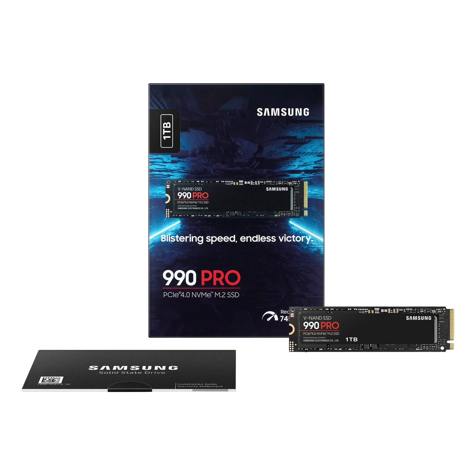 Contenu de la boîte Samsung 990 PRO 1 To avec emballage ouvert, module SSD M.2 et guide d'installation Samsung