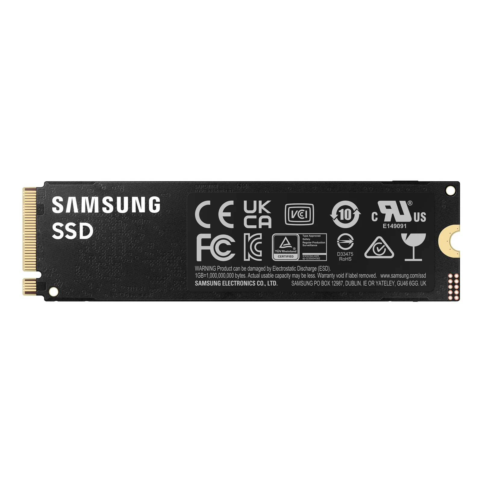Revers du SSD Samsung 990 PRO 2 To montrant les logos de certification CE, UKCA, FCC et la mention Samsung SSD
