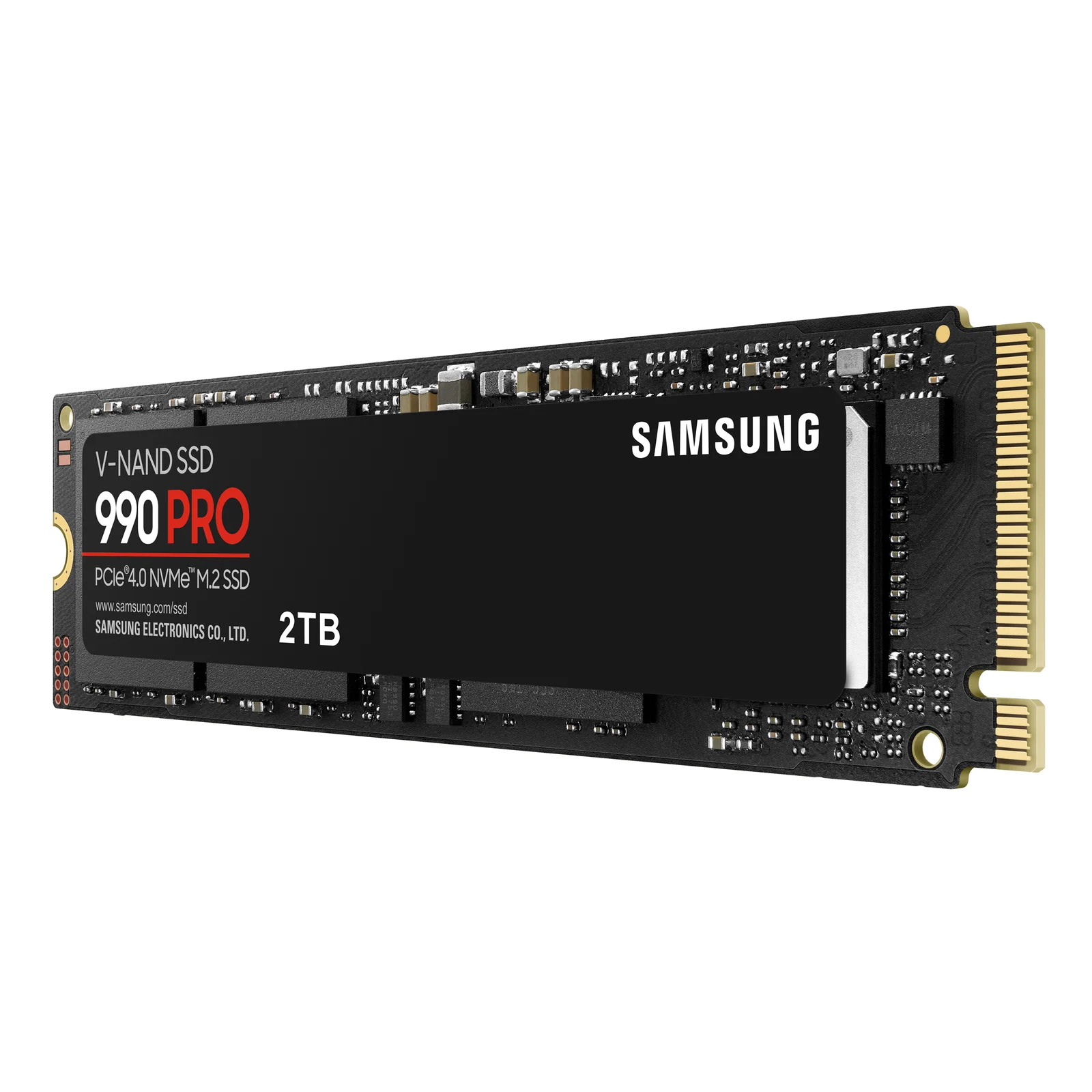 SSD Samsung 990 PRO 2 To vu de trois quarts gauche, étiquette 990 PRO 2TB visible sous un angle incliné