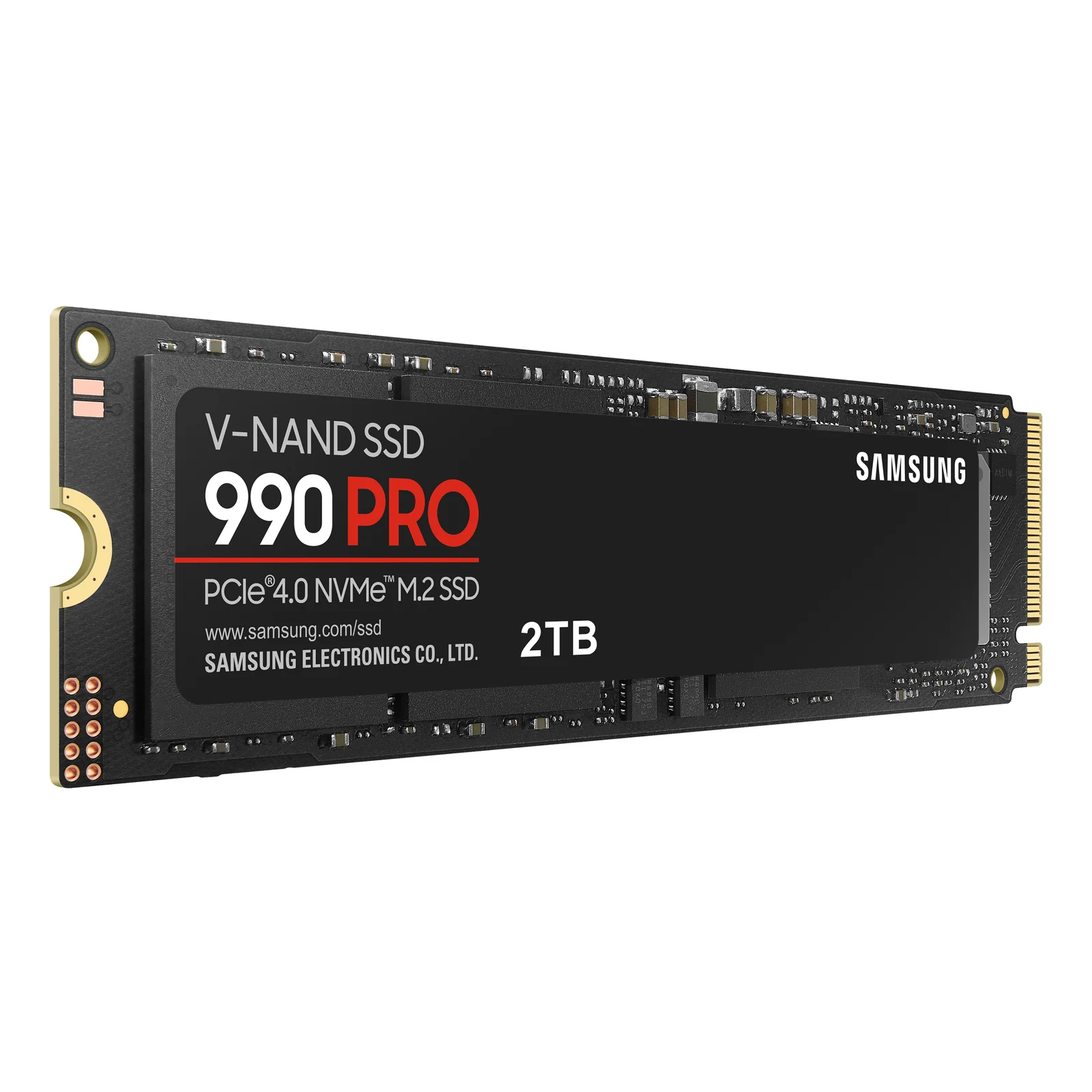 SSD Samsung 990 PRO 2 To vu de trois quarts droit, carte PCIe M.2 noire avec connecteur doré à droite