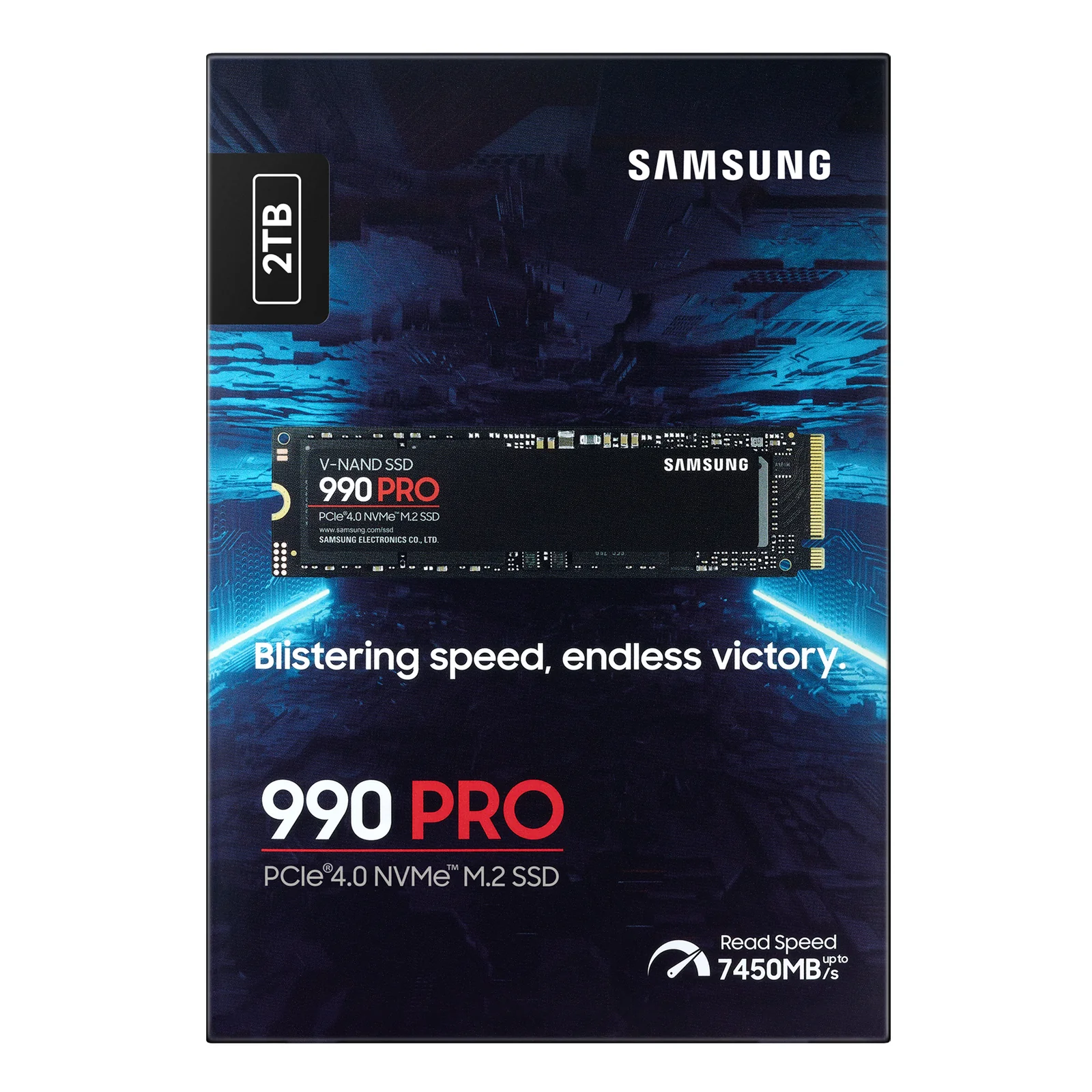 Boîte Samsung 990 PRO 2 To face avant bleu foncé avec SSD, slogan Blistering speed endless victory et vitesse 7450 Mo/s