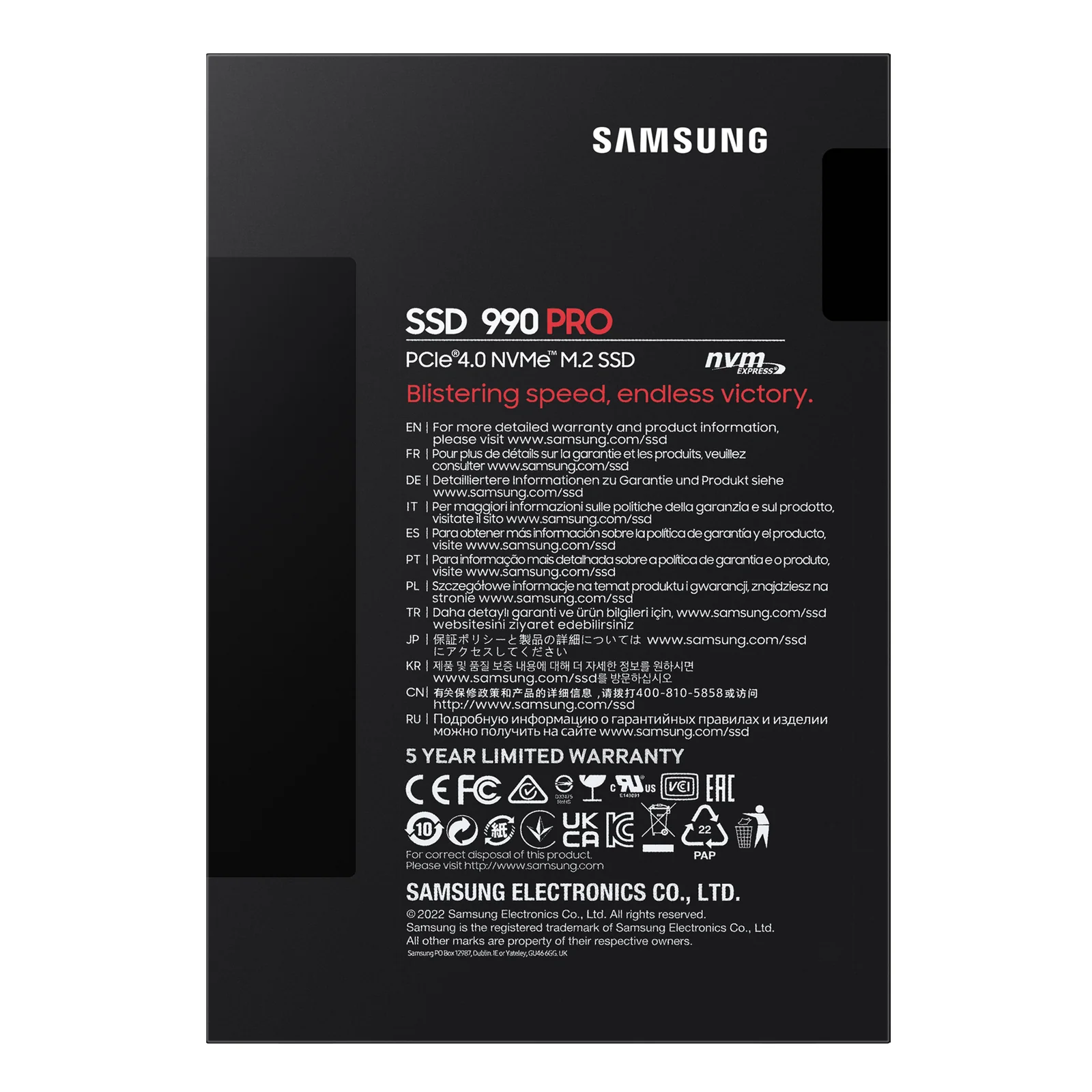 Dos de la boîte Samsung 990 PRO 2 To indiquant la garantie 5 ans limitée en plusieurs langues avec logos de certification