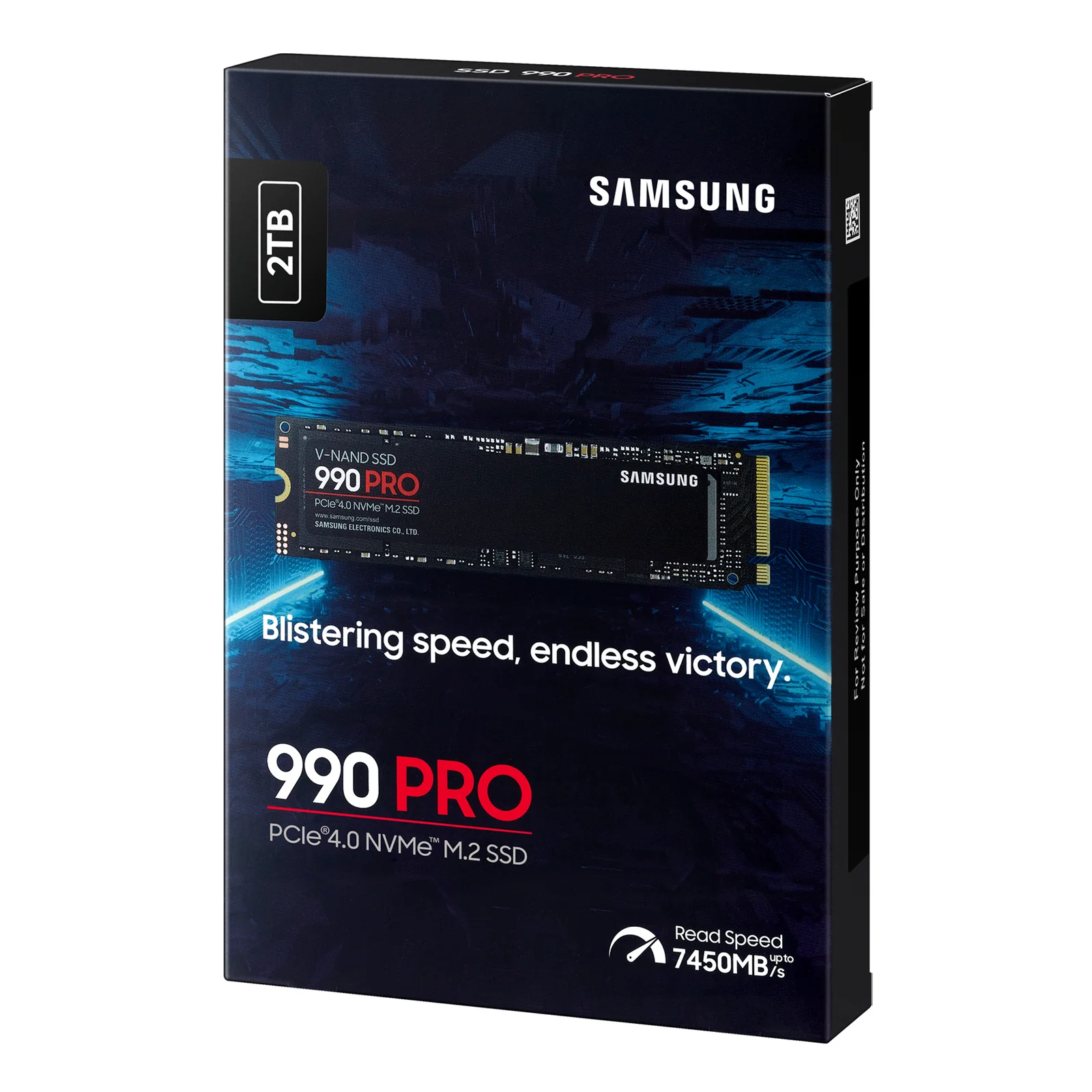 Boîte Samsung 990 PRO 2 To vue de trois quarts avec badge 2TB visible sur le flanc gauche de l'emballage