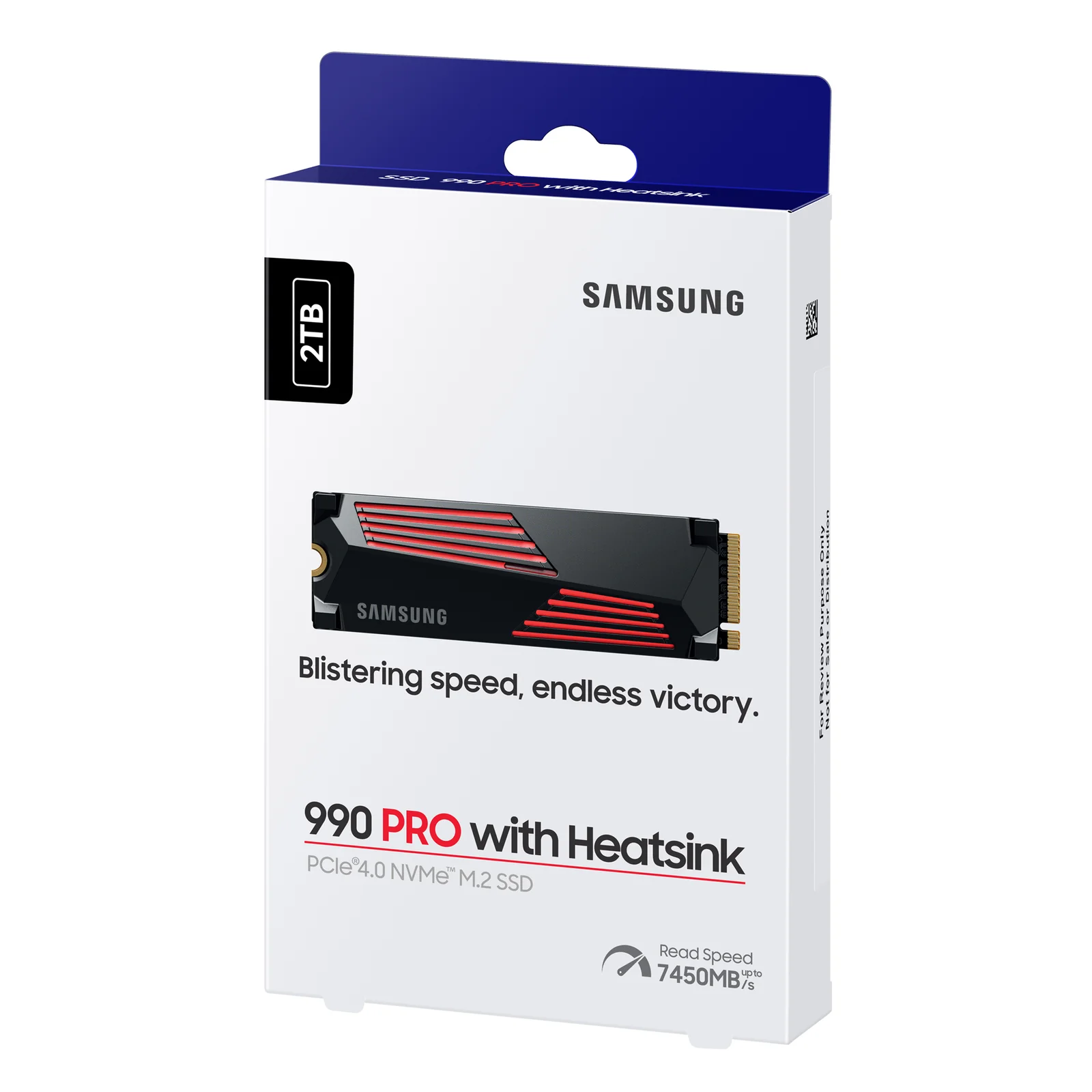 Boîte Samsung 990 PRO with Heatsink vue de trois quarts, logo Samsung et capacité 2 To visibles