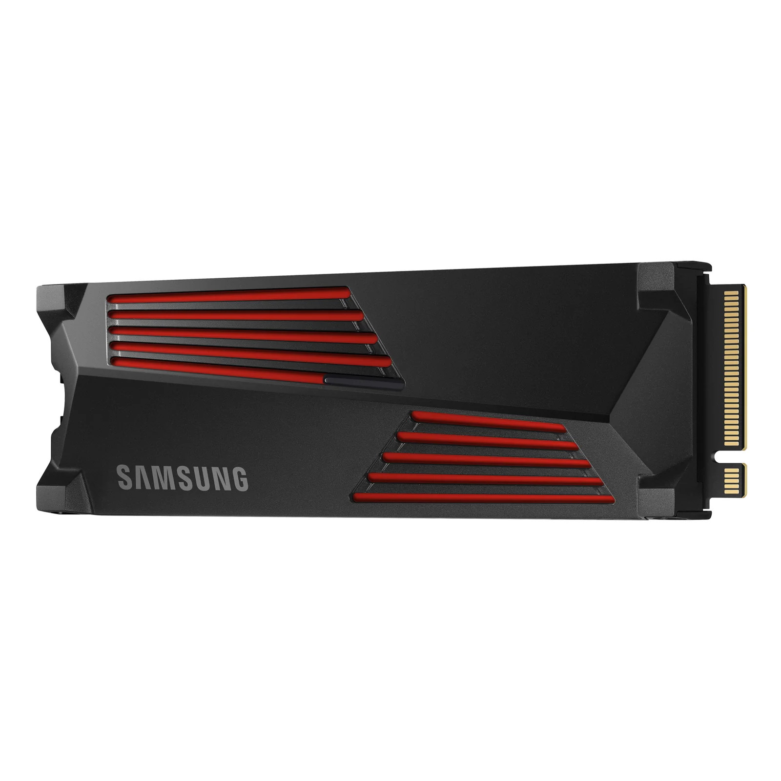 Vue de trois quarts gauche du dissipateur Samsung 990 PRO mettant en valeur les ailettes rouges