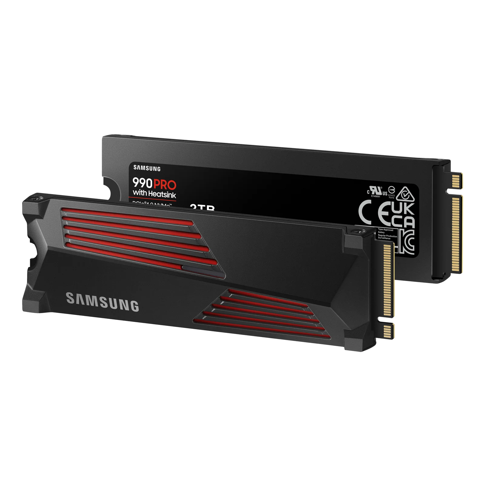 Deux unités Samsung 990 PRO côte à côte, l'une face dissipateur, l'autre face étiquette