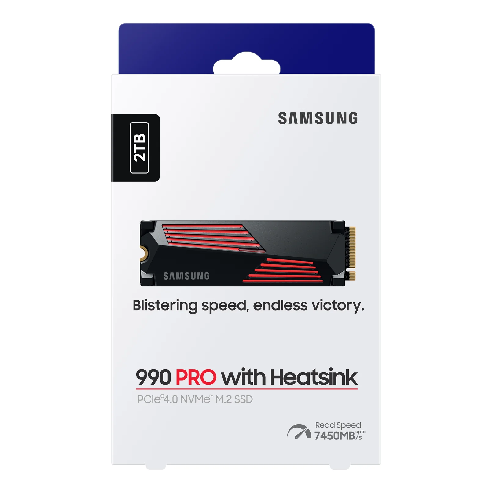 Boîte de vente du Samsung 990 PRO with Heatsink 2 To avec vitesse de lecture 7450 Mo/s indiquée