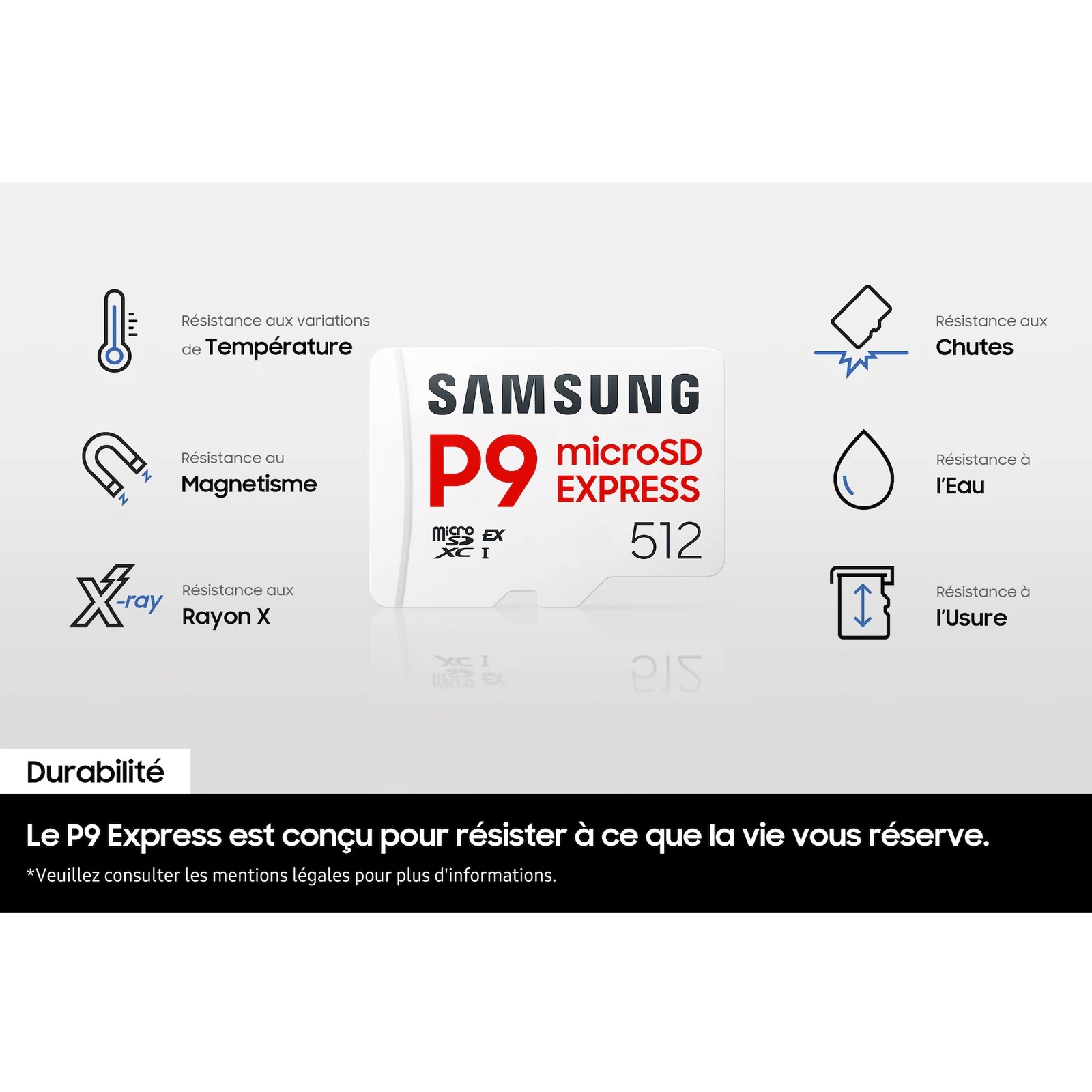 Infographie Durabilité de la Samsung P9 Express avec six icônes de résistance, température, magnétisme, rayons X, chutes, eau, usure.
