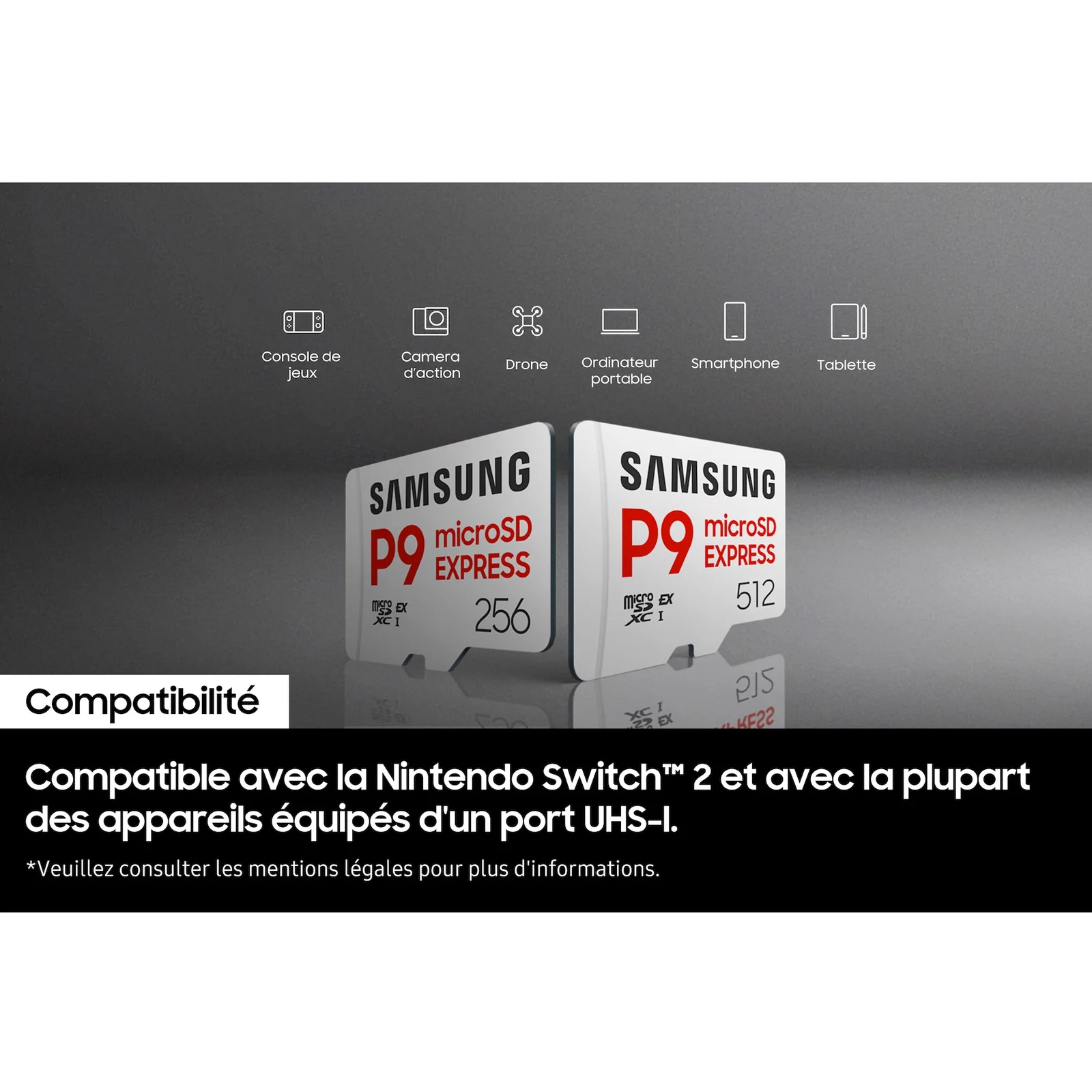 Visuel Compatibilité montrant les versions 256 et 512 Go de la Samsung P9 Express avec six icônes d'appareils compatibles sur fond sombre.