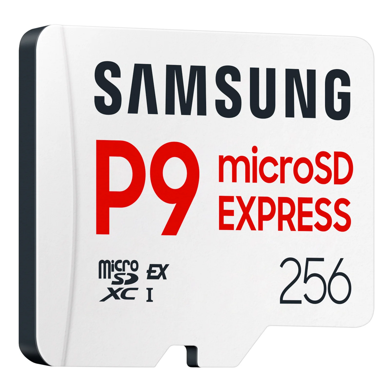 Perspective latérale de la carte Samsung P9 microSD Express 256 Go révélant l'épaisseur du boîtier et le connecteur en bas.