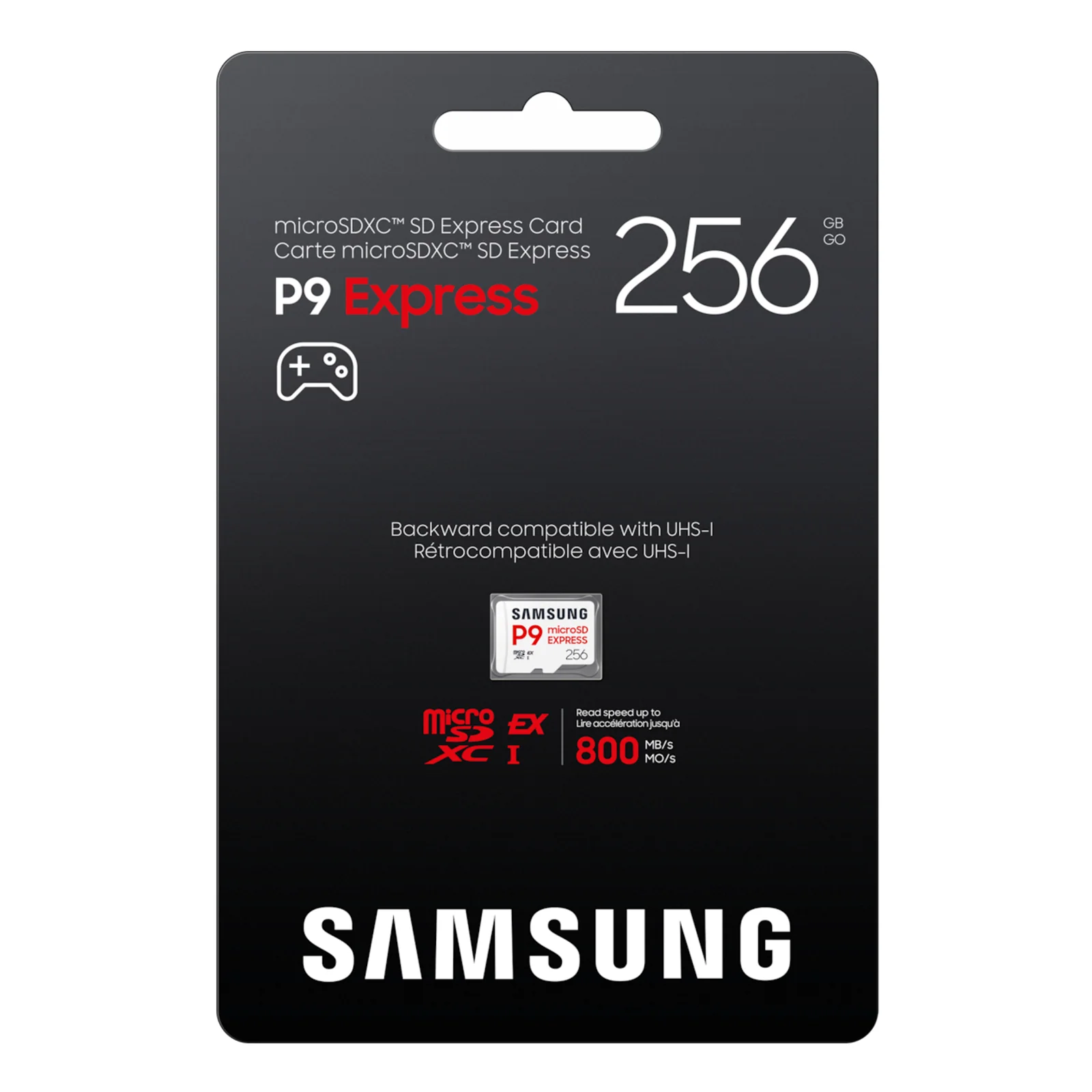 Verso de l'emballage retail Samsung P9 Express 256 Go sur fond noir, picto manette de jeu, mention rétrocompatibilité UHS-I et vitesse 800 Mo/s.