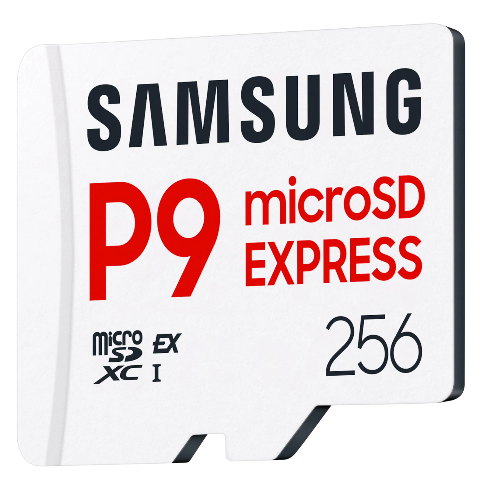 Vue en trois quarts avant-droit de la carte Samsung P9 microSD Express 256 Go, fond blanc, connecteur bas visible.