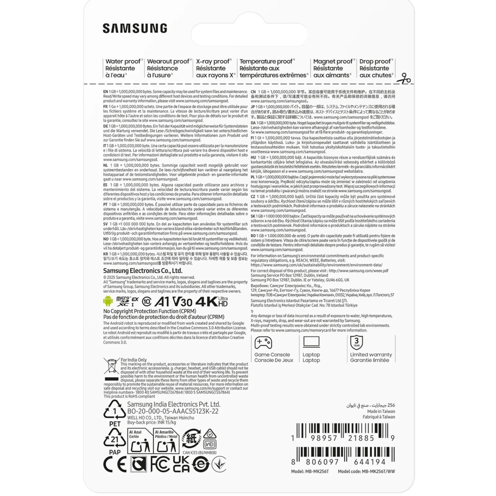 Dos de l'emballage Samsung P9 Express 256 Go listant six certifications de protection, eau, température, rayons X, magnétisme, chutes et usure.