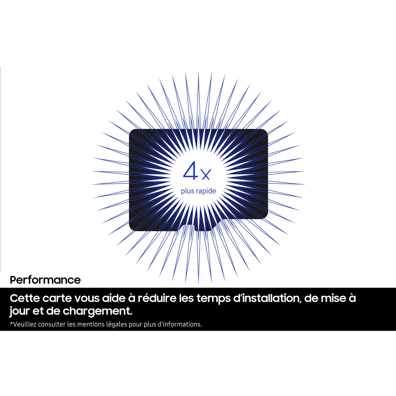 Infographie Performance de la Samsung P9 Express avec la mention 4x plus rapide et un effet de rayons bleus émanant de la carte.